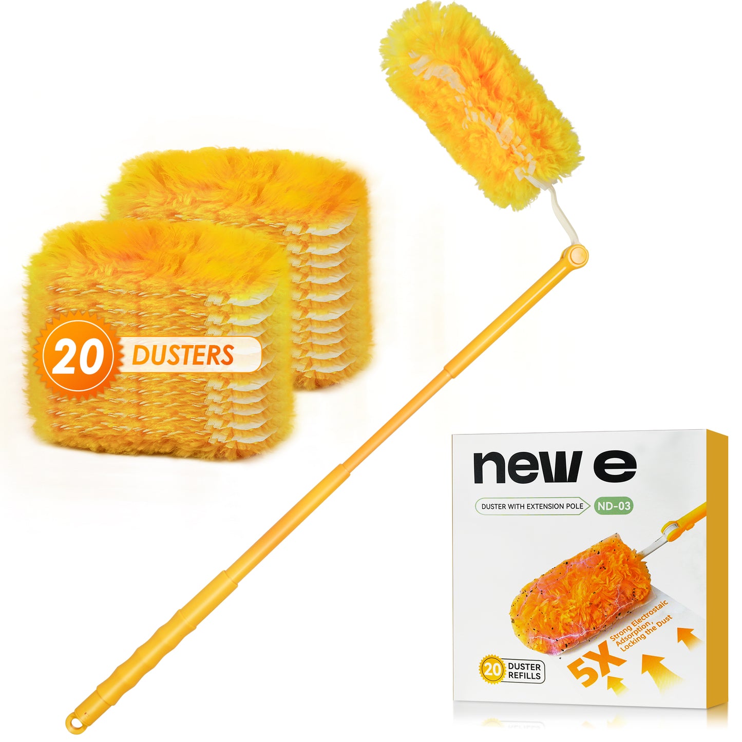 NEWE Duster Refills 20 PCS with Extendable Handle Compatible with Swiffer, 360 Degree Heavy Duty Dusting Kit with 5X Microfibers, Multi-Surface Dust Removing Tool for Cleaning Blinds Furniture