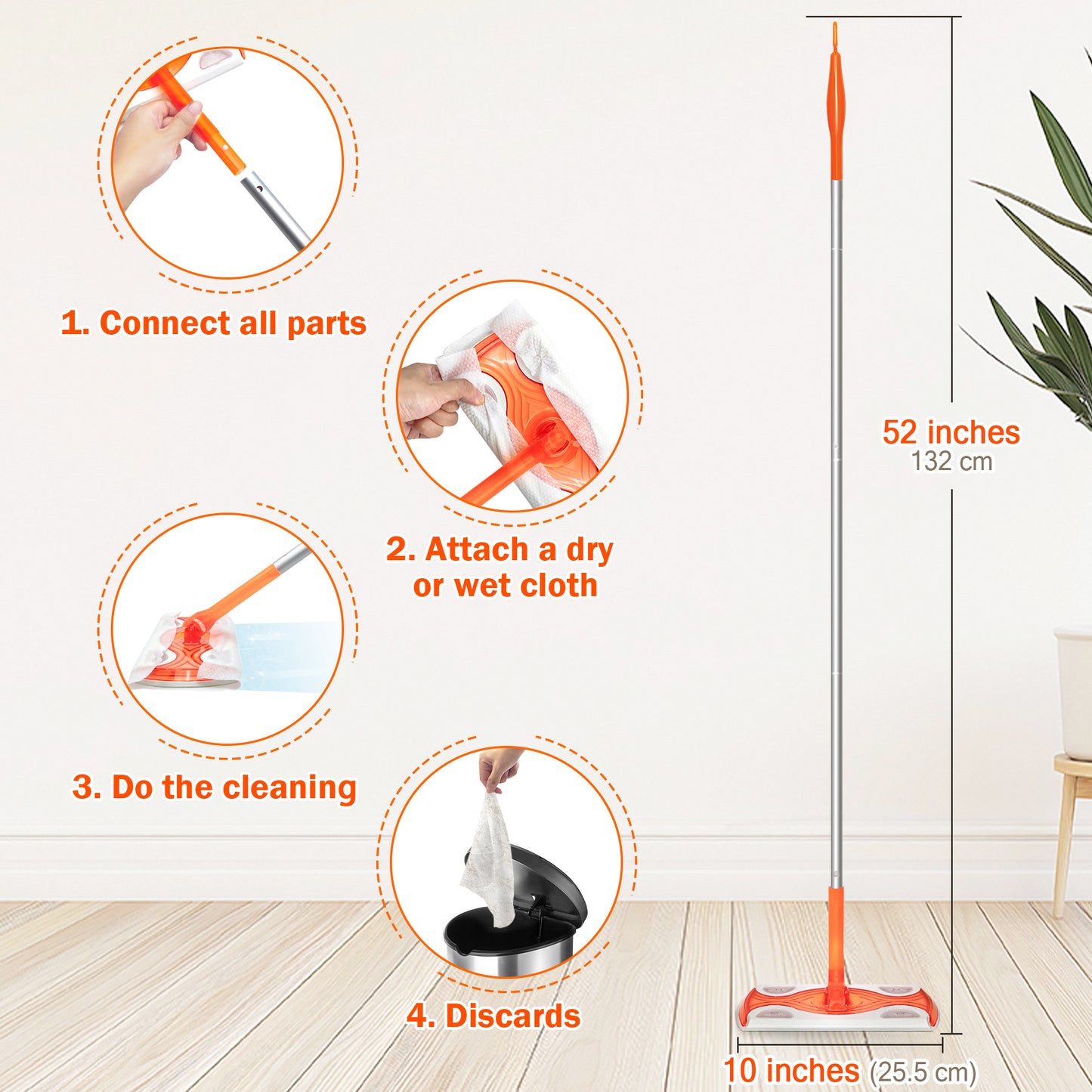 JEHONN Sweeper Mop with 20 Pcs Cloths, 2-in-1 Starter Kit for Multi Surface Cleaning (Orange)