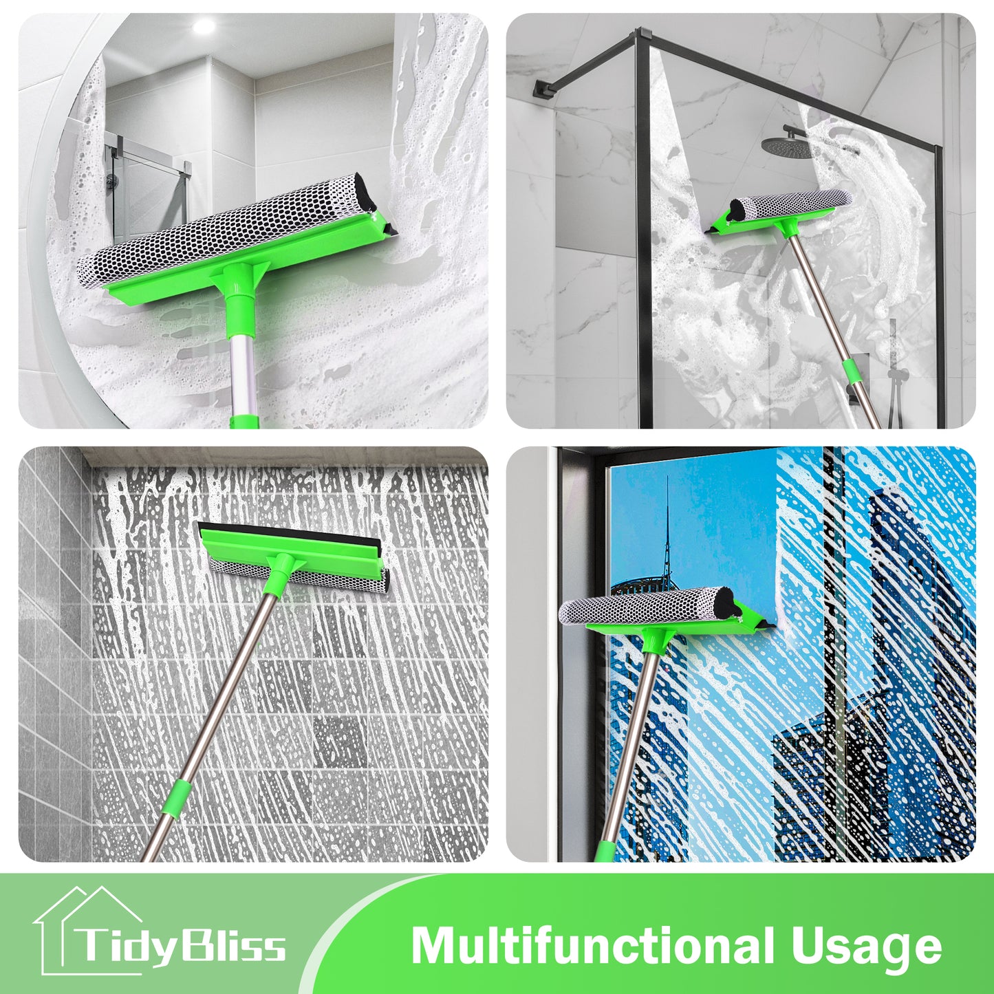 TidyBliss Window Squeegee for Home with Extension Pole 56" (Green)