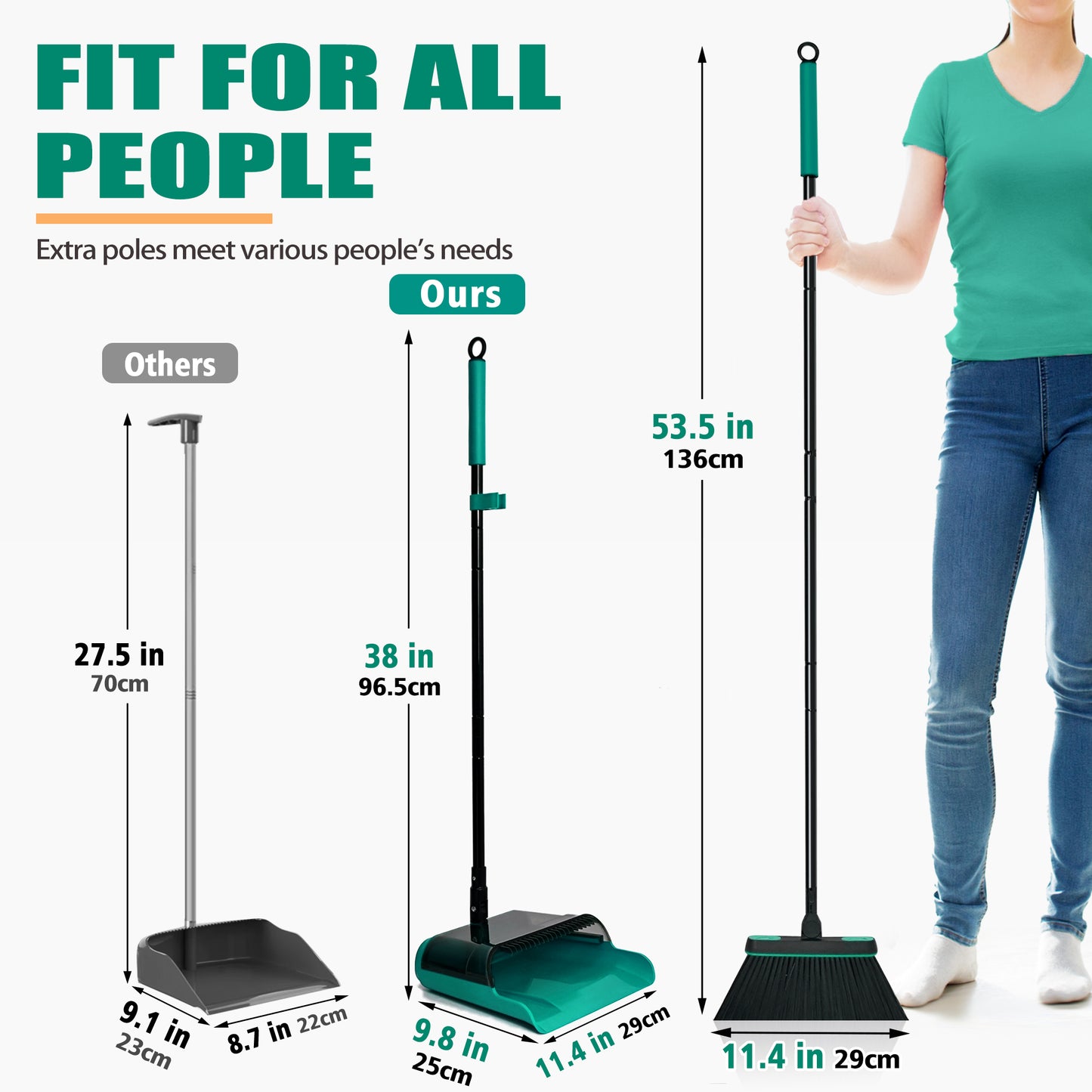 JEHONN Dustpan and Broom Set with 53.5 inches Long Handle Transparent Cover Green