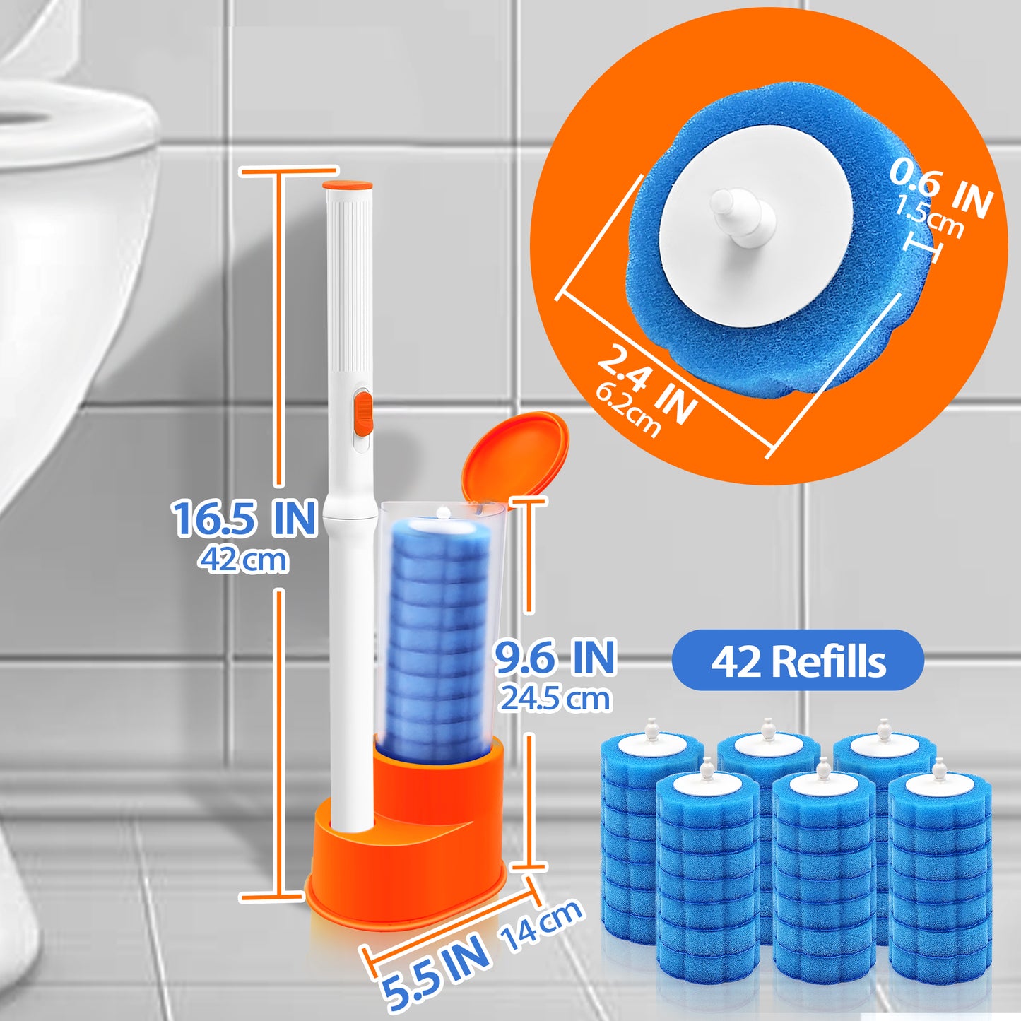 JEHONN Disposable Toilet Brush Holder Set with 42 Refills (Orange)
