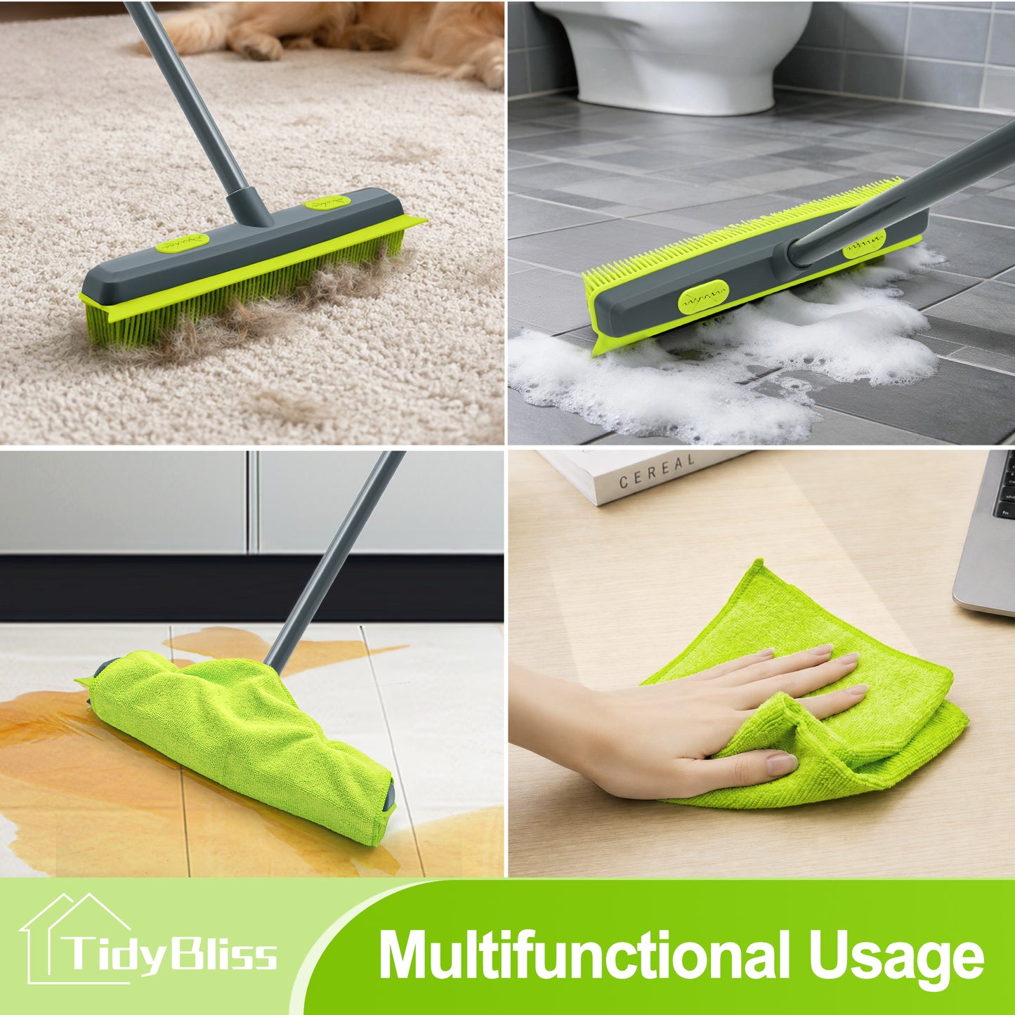 TidyBliss Pet Hair Removal Broom with 1 Microfiber Cloth (Green)