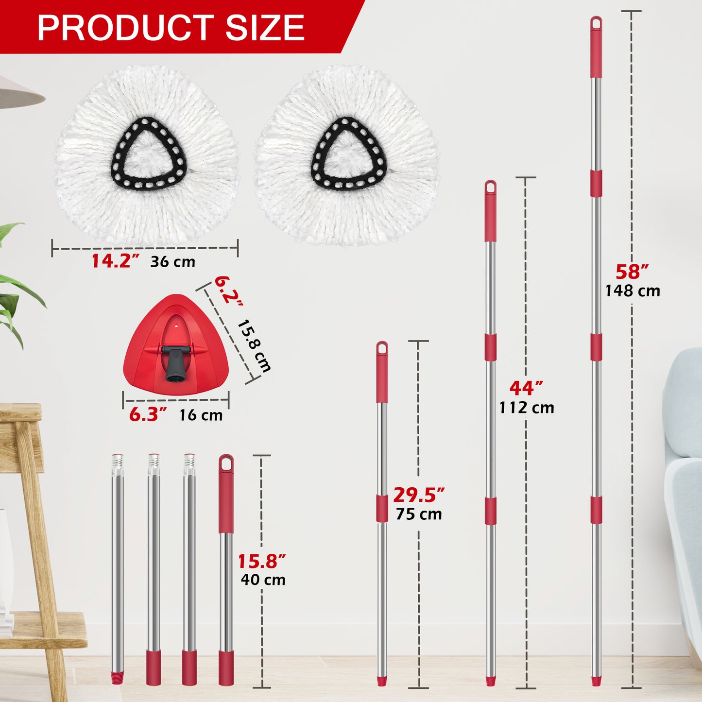 JEHONN Spin Mop Replacement Heads 2 Packs with Triangle Base and 58 inches Long Handle