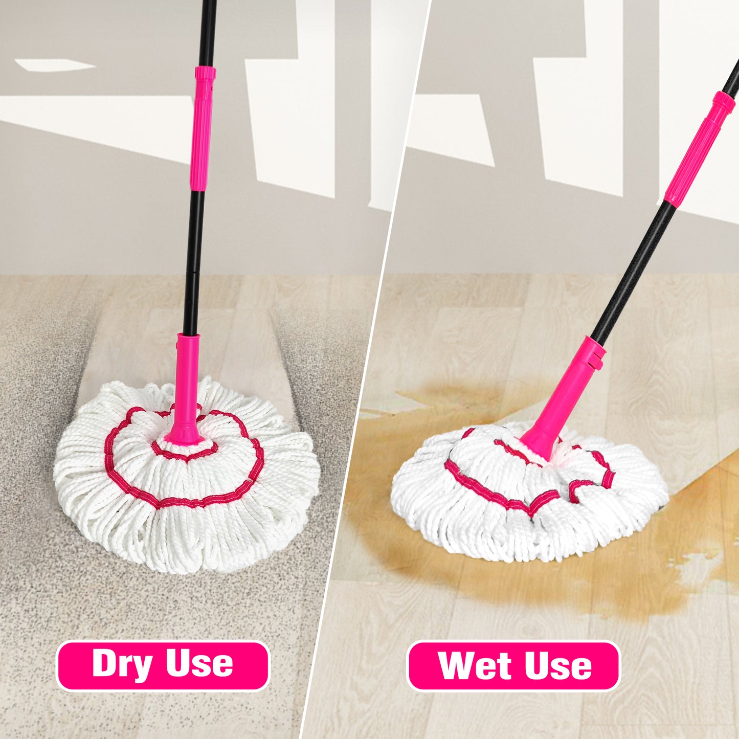 NEWE Self Wringing Twist Mop 55 inches Long Handle Rose Red