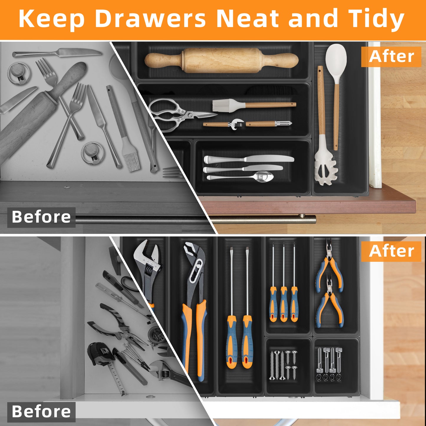 JEHONN Drawer Organizer for Kitchen Fork and Knife Black