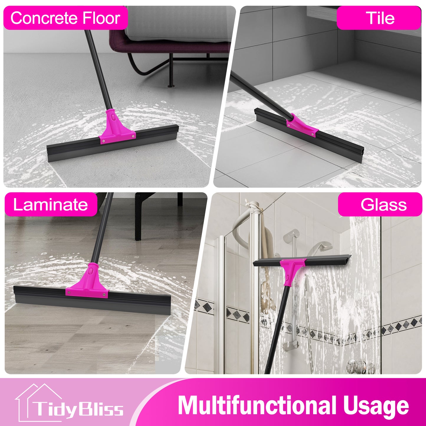 TidyBliss Floor Squeegee Broom with 58.3 inches Long Handle (Rose Red)