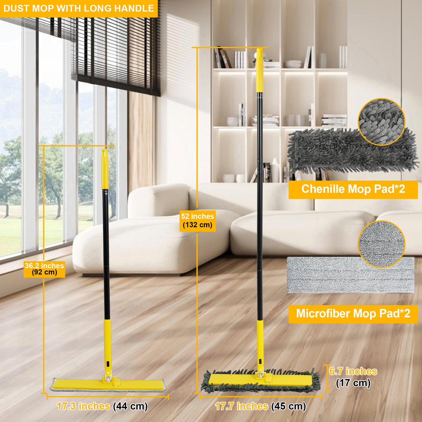 NEWE Dust Mop with Unique 90° Foldable Panel, 52 inches Long Handle Wet Dry Flat Floor Duster Broom with 2 Microfiber and 2 Chenille Pads for Hardwood, Stairs, Vinyl, Tile, Laminate (Yellow)