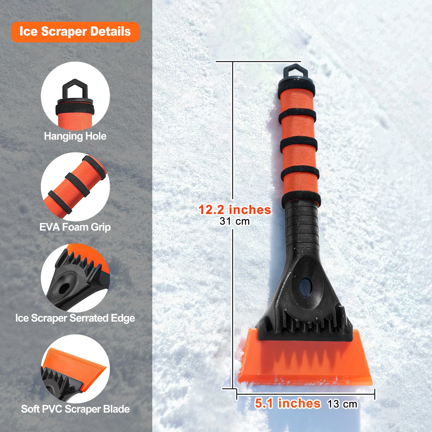 JEHONN Ice Scraper for Car Windshield - Reinforced TPU Blade (Orange)