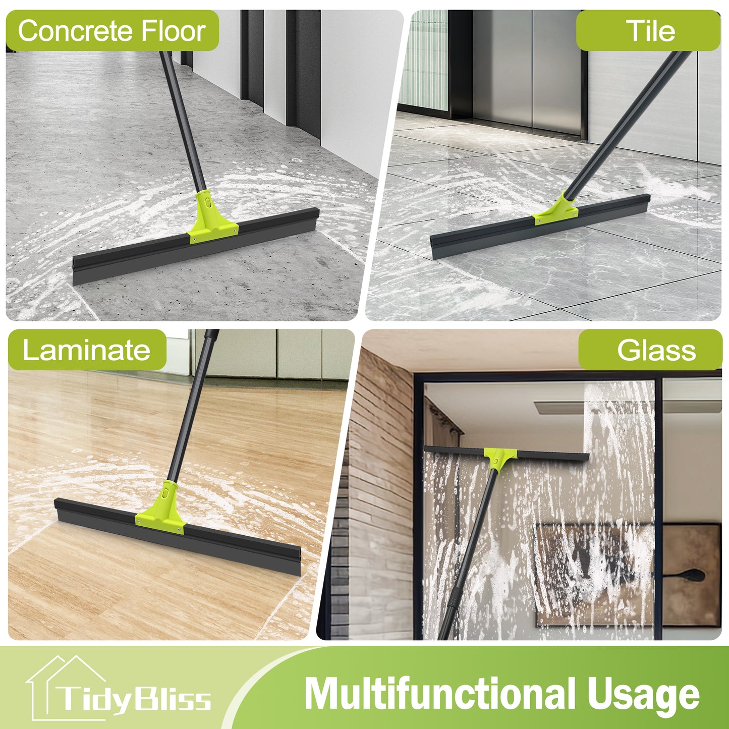 TidyBliss Floor Squeegee Heavy Duty, 24” Rubber Water Scraper Broom (Green)