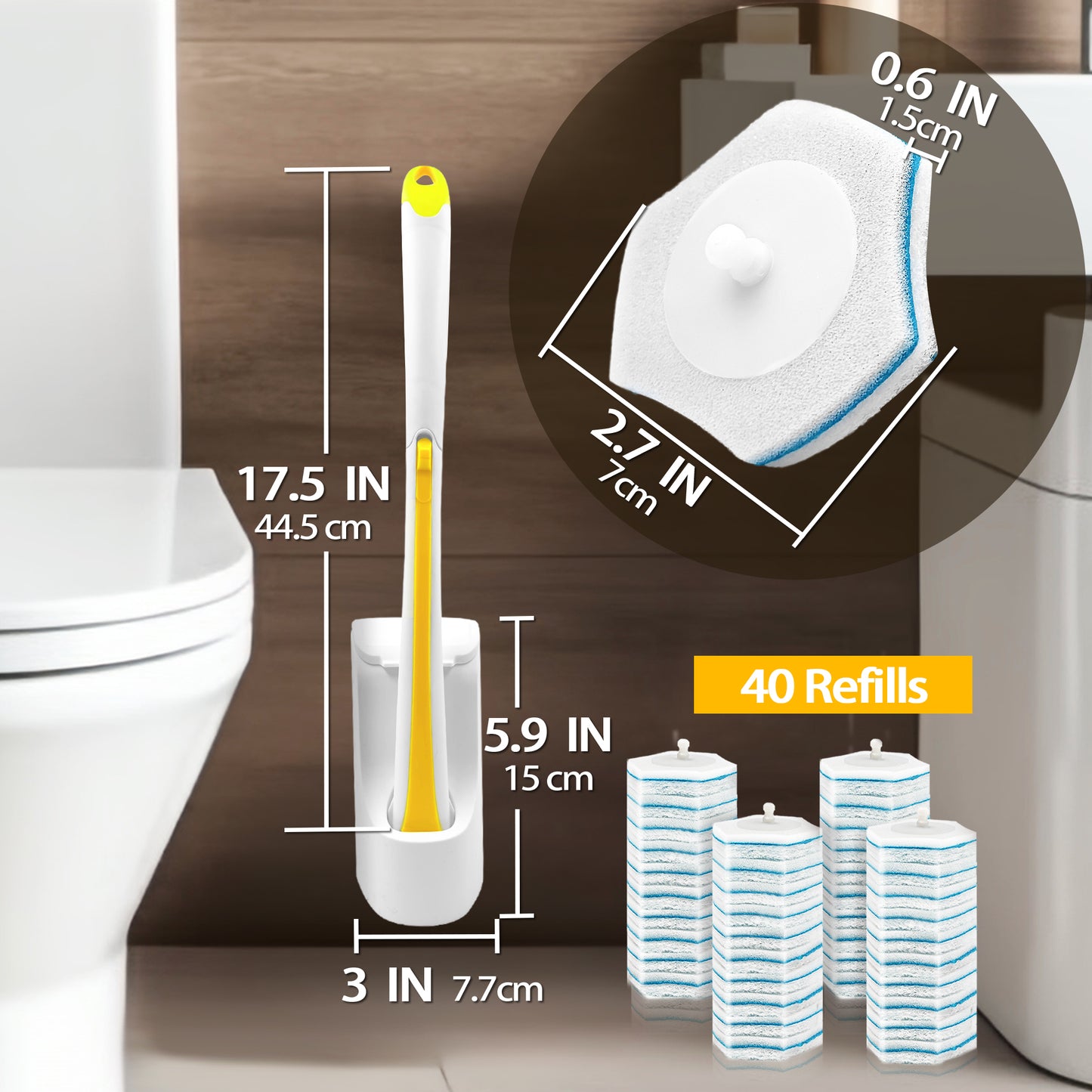 JEHONN Disposable Toilet Brush Holder Set Wall Mounted with 40 Refills for Sink(Yellow)
