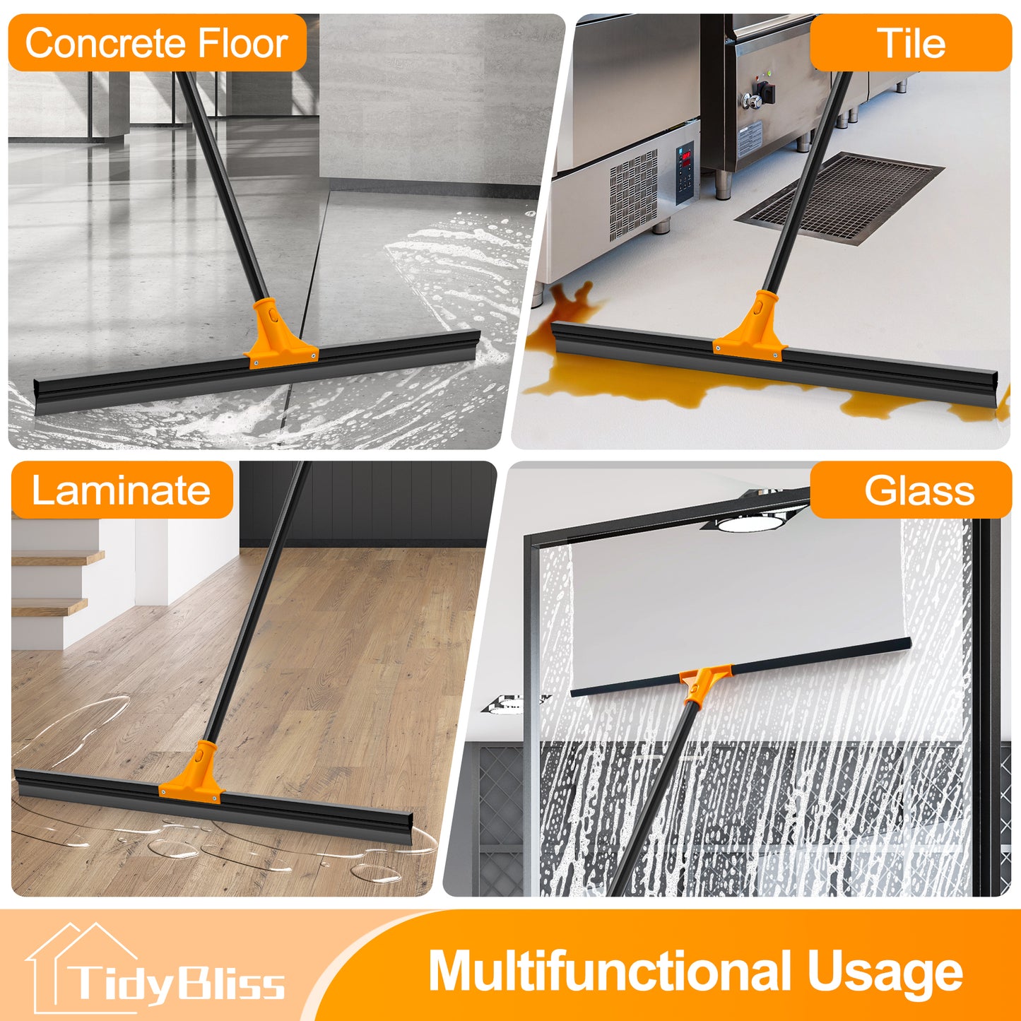 TidyBliss 30” Large Floor Squeegee Broom (Orange)