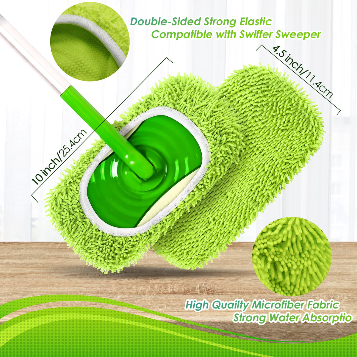 NEWE Reusable Microfiber Mop Pads 4 Pack Compatible (Green)