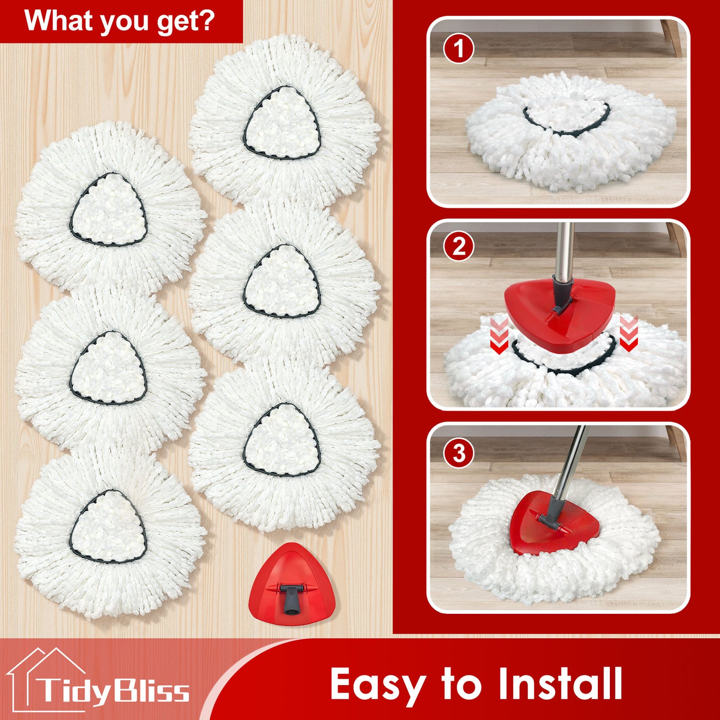 TidyBliss Mop Heads Replacements 6 Pack with Triangle Base for EasyWring 1 Tank System