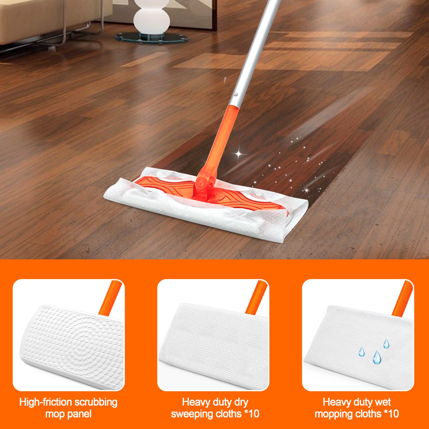 JEHONN Sweeper Mop with 20 Pcs Cloths, 2-in-1 Starter Kit for Multi Surface Cleaning (Orange)