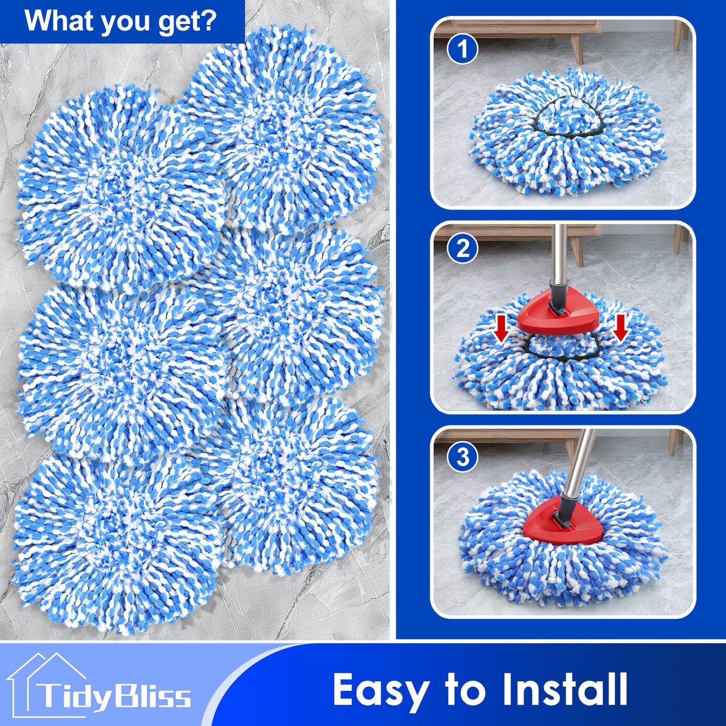 TidyBliss Spin Mop Replace Head 6 Pack for RinseClean 2 Tank System