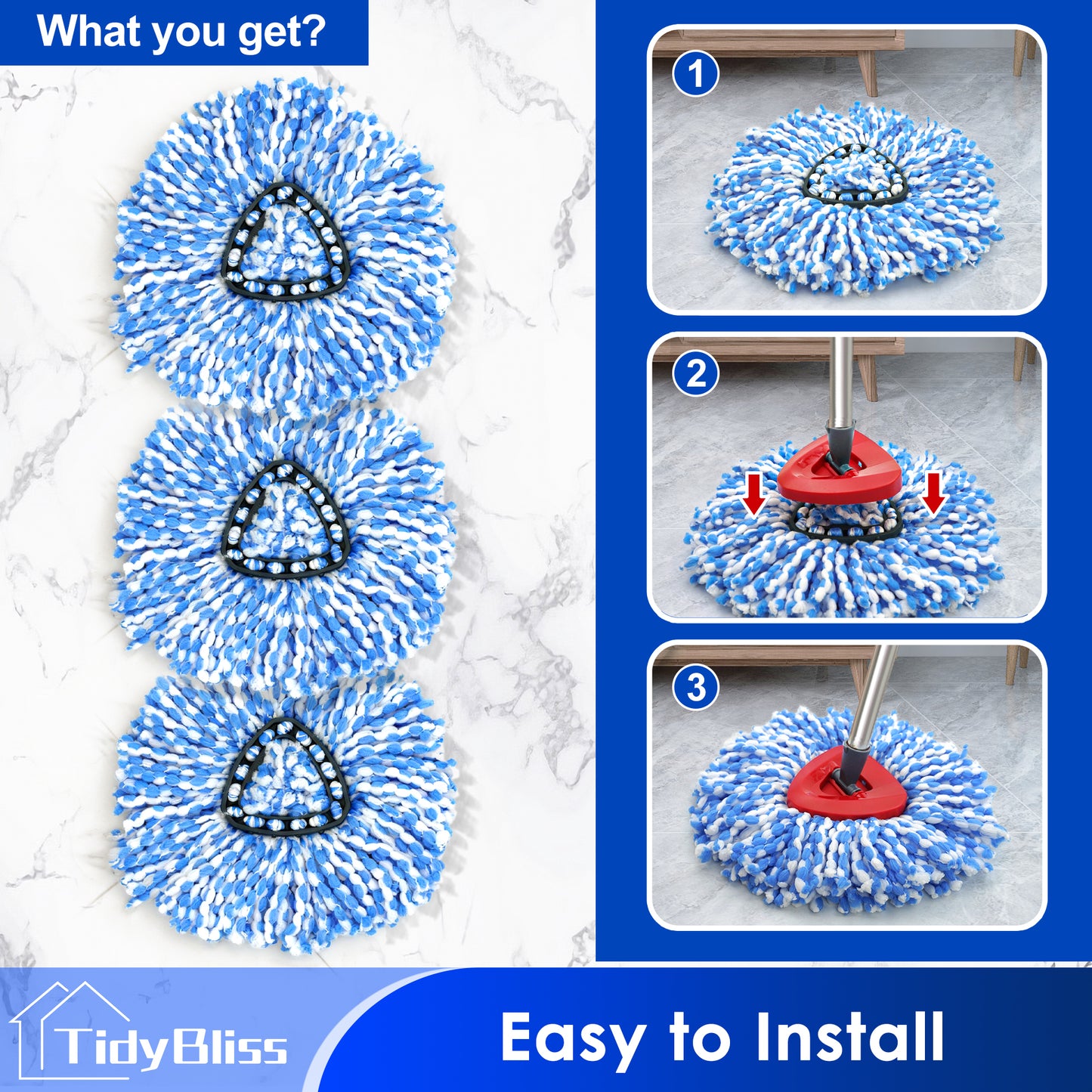 TidyBliss Spin Mop Replace Head 3 Pack for O-Cedaar RinseClean 2 Tank System