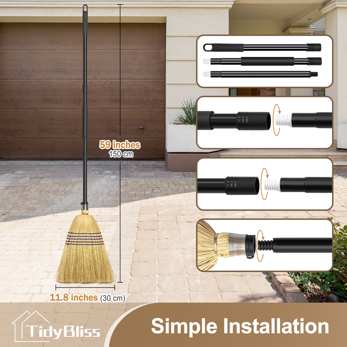 TidyBliss Corn Straw Broom Heavy Duty with 59 inches Long Handle