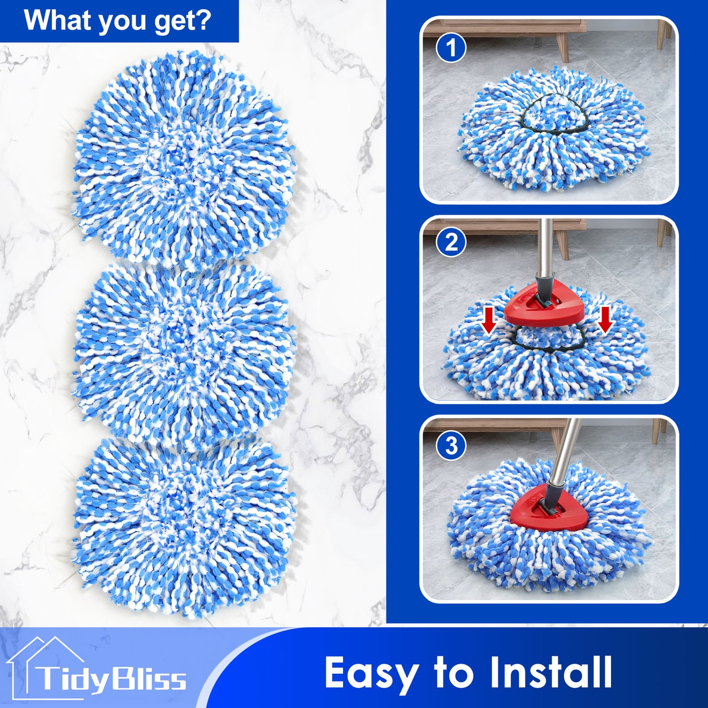 TidyBliss Spin Mop Replace Head 3 Pack for RinseClean 2 Tank System