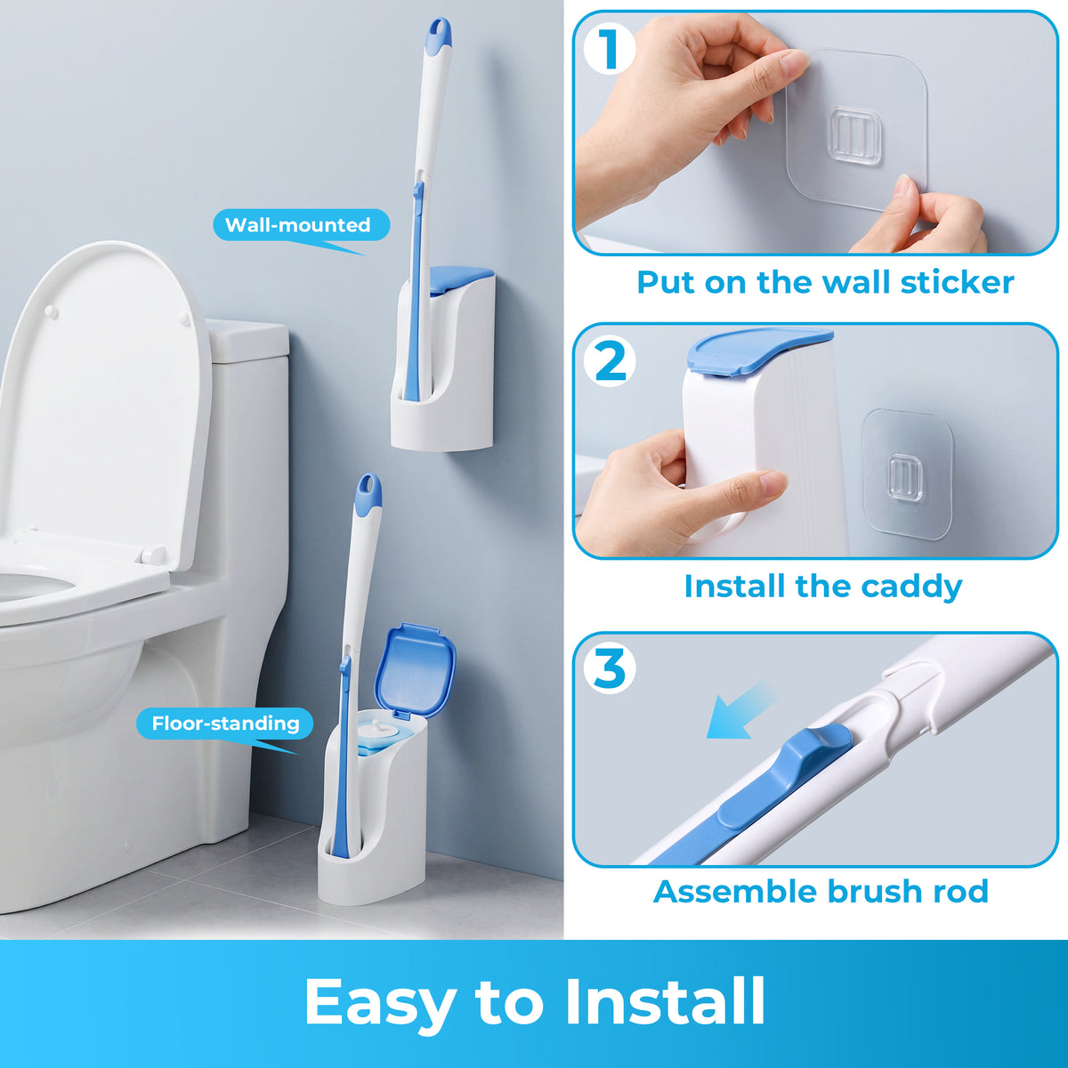 NEWE Disposable Toilet Brush with 56 PCS Cleaner Refills, Toilet Bowl Wand Holder Set (Blue)