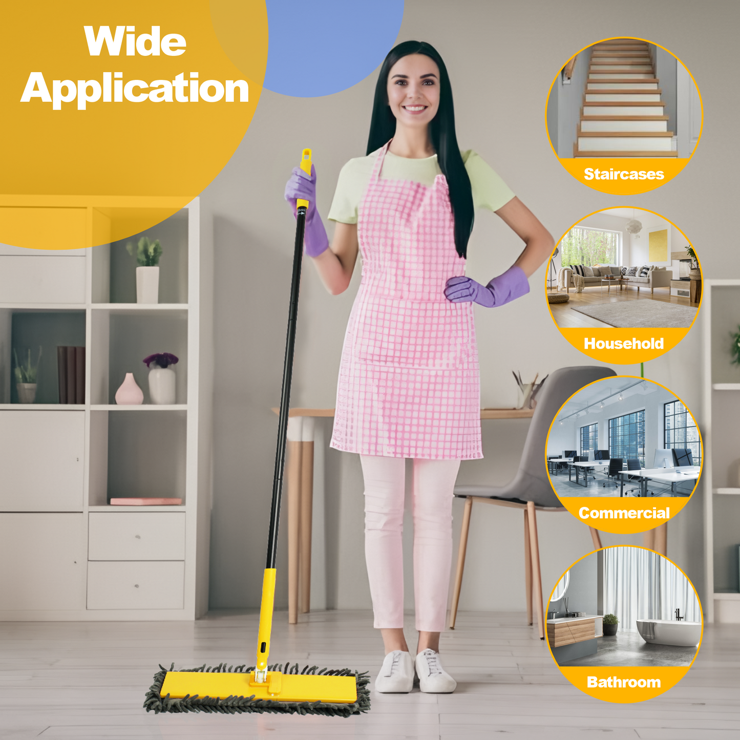 NEWE Dust Mop with Unique 90° Foldable Panel, 52 inches Long Handle Wet Dry Flat Floor Duster Broom with 2 Microfiber and 2 Chenille Pads for Hardwood, Stairs, Vinyl, Tile, Laminate (Yellow)