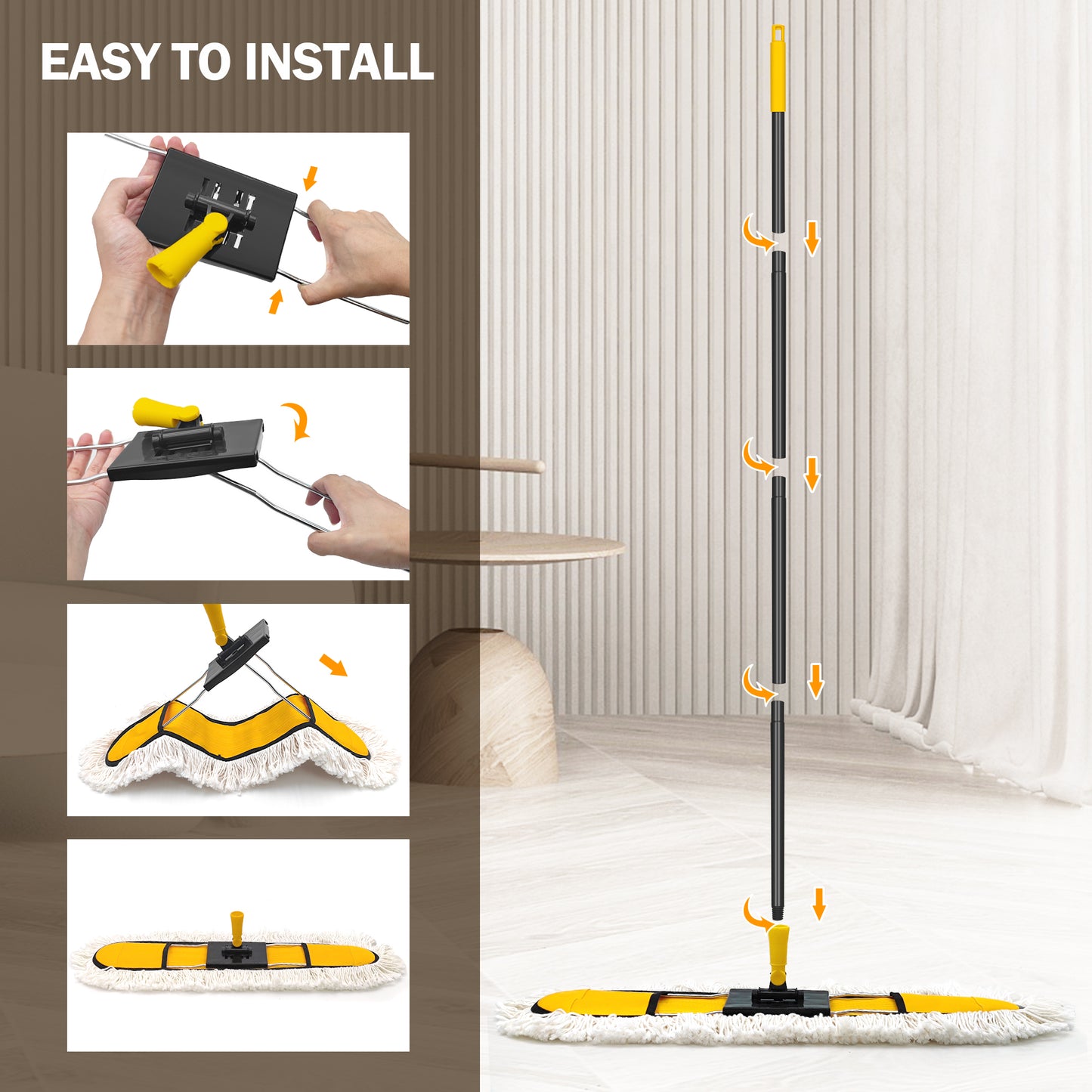 NEWE 24” Commercial Dust Mop, Large Dry Dust Push Broom Indoor, Wide Floor Duster for Laminate, Hardwood, Tile, Marble (Yellow)