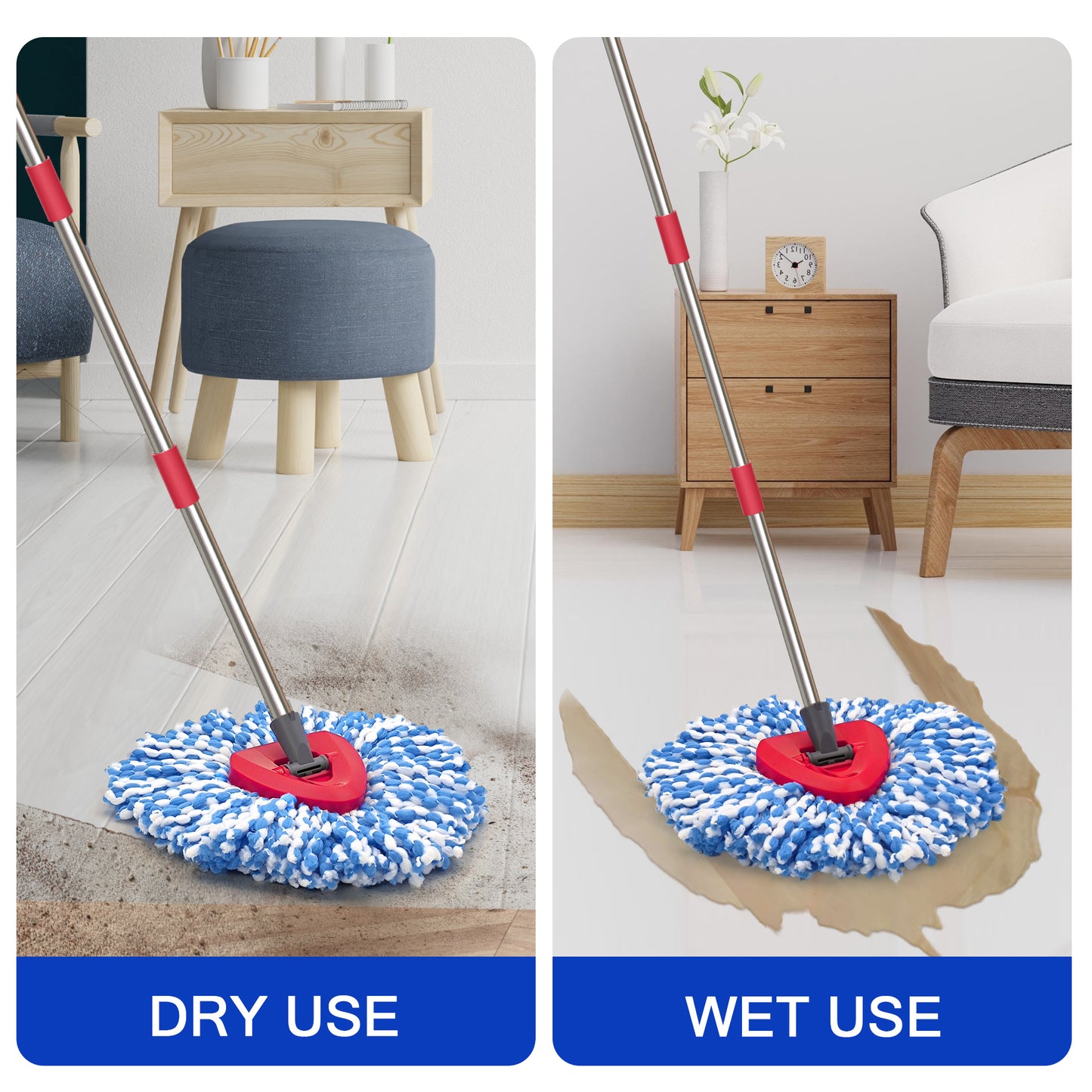 JEHONN Spin Mop Replacement Heads 2 Packs with Triangle Base and 1 Scrub Brush (Blue)