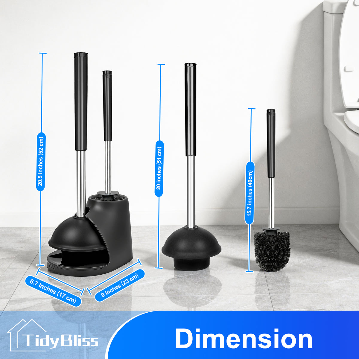 TidyBliss 2 Pack Toilet Brush and Plunger Set with Hidden Tweezers (Black)
