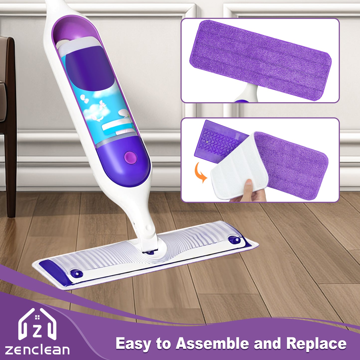 ZenClean Reusable Microfiber Mop Pads 4 Pack Compatible with Power Mop for Wet & Dry Floor Cleaning