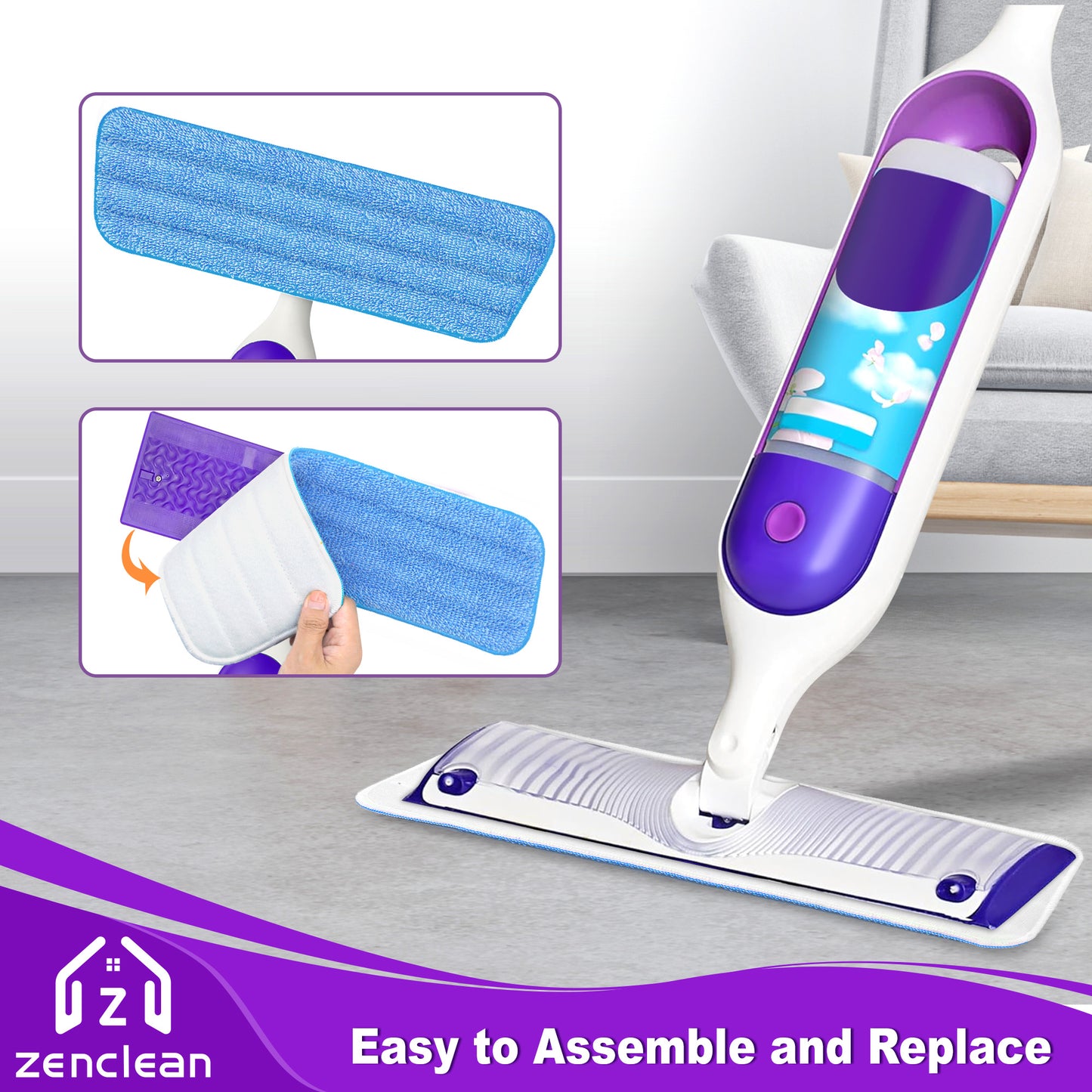 ZenClean Reusable Microfiber Mop Pads 7 Pack Compatible with SwifferPower Mop for Wet & Dry Floor Cleaning (7 Colors)
