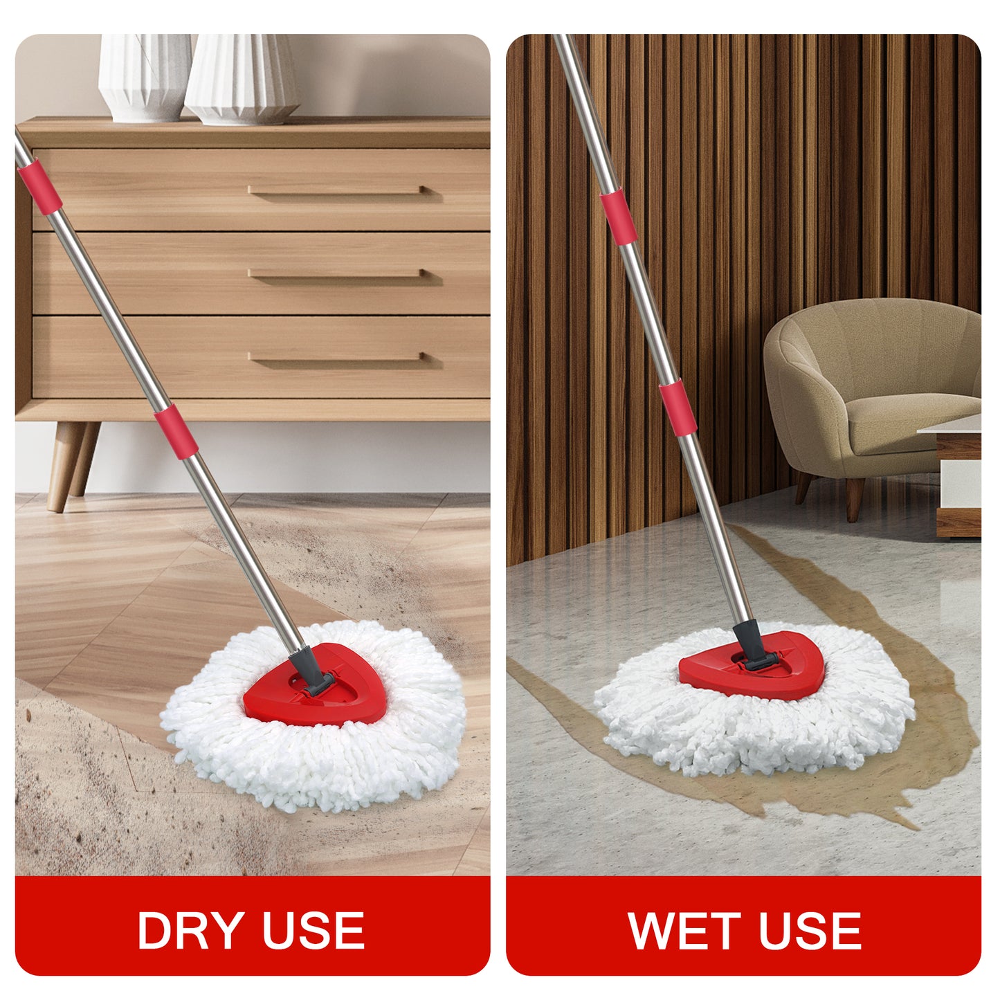JEHONN Spin Mop Replacement Heads 2 Packs with Triangle Base and 1 Scrub Brush