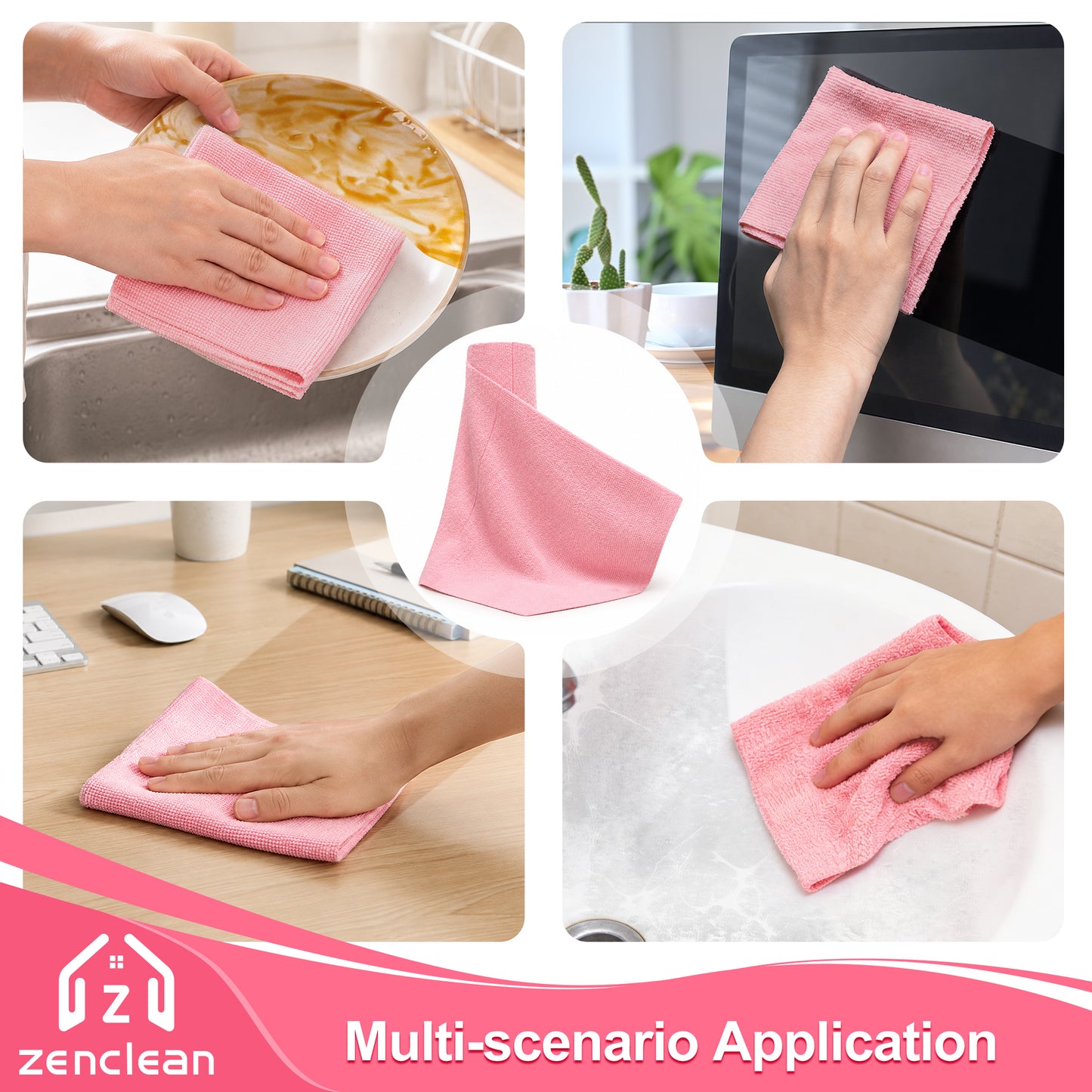 ZenClean Microfiber Cleaning Cloths Roll 30 Pack (Pink)