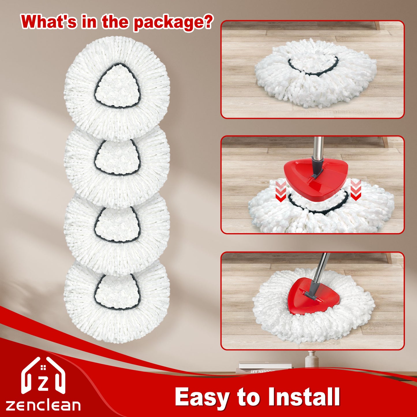 ZenClean Spin Mop Replacement Head 4 PCS Compatible with EasyWring 1 Tank System