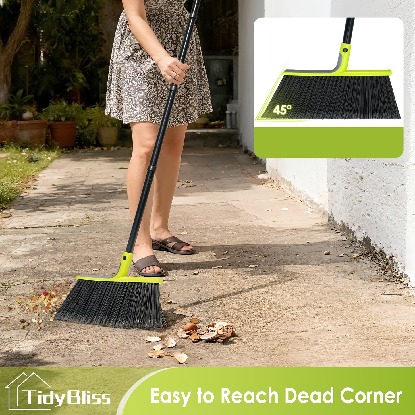TidyBliss 14.2" Outdoor Broom Heavy Duty, 56 inches Tall Angle Brush (Green)