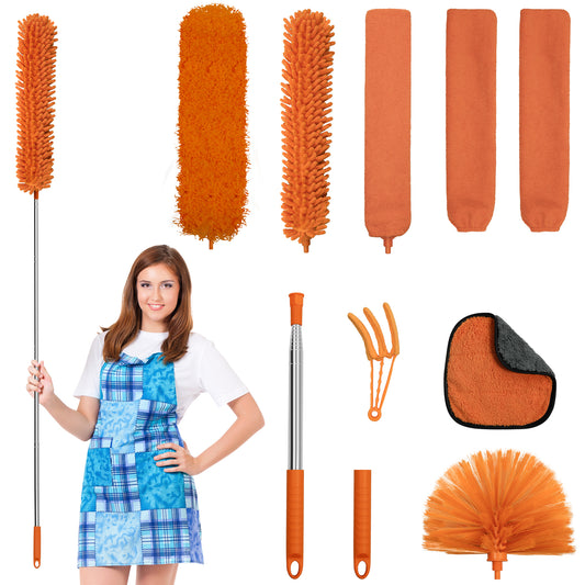 JEHONN Cobweb Duster with Extension Pole 96 inches, 8 PCS Extendable Long Handle Microfiber Feather Dust Remover, Telescoping Dusting Kit for Cleaning High Ceiling Fan, AC Vent House Exterior