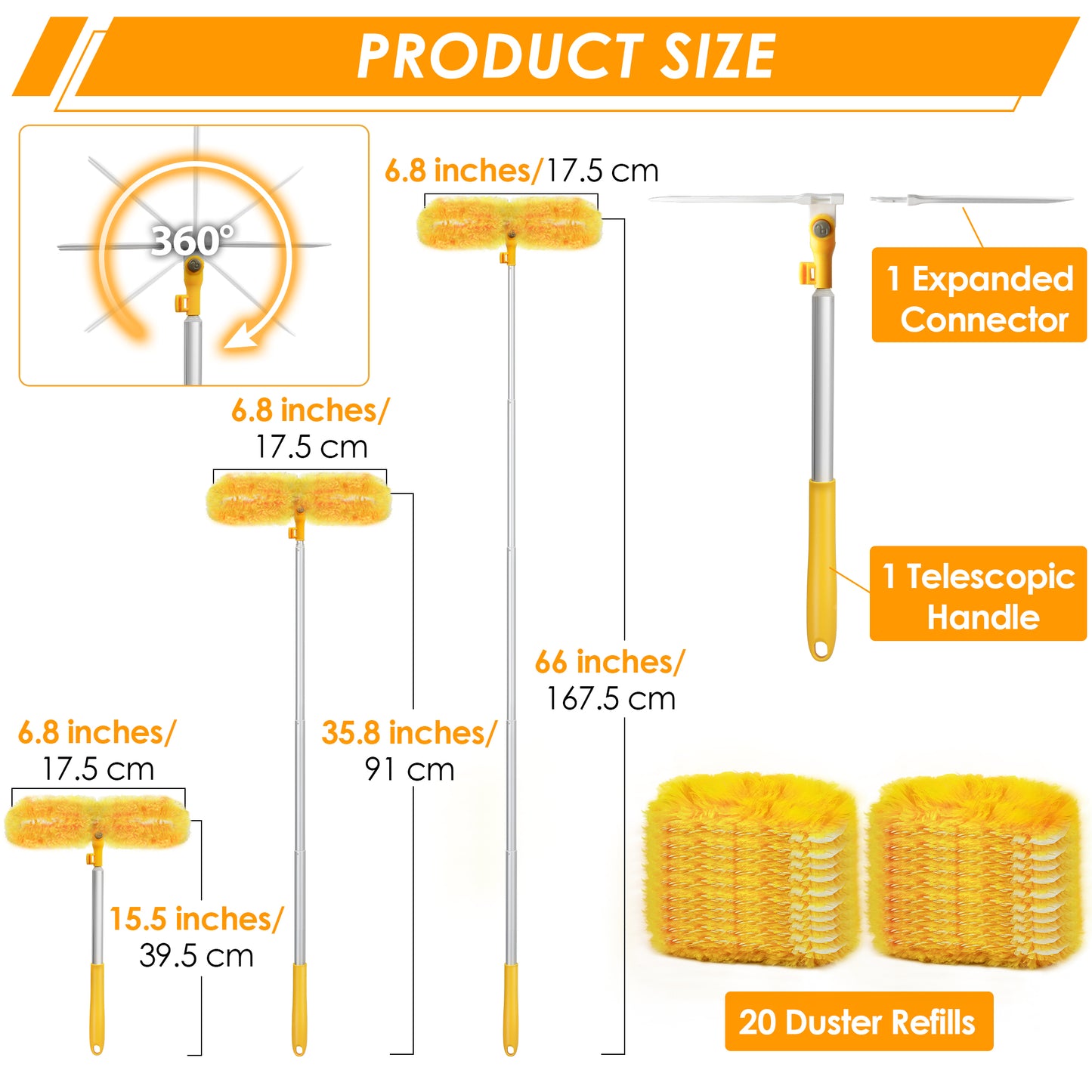 NEWE Dusters for Cleaning with 20 Refills for Swiffer, 65 inches Extendable Handle Heavy Duty Dusting Kit with 5X Microfibers, 360 Degree Multi-Surface Dust Removing Tool for Blinds Furniture