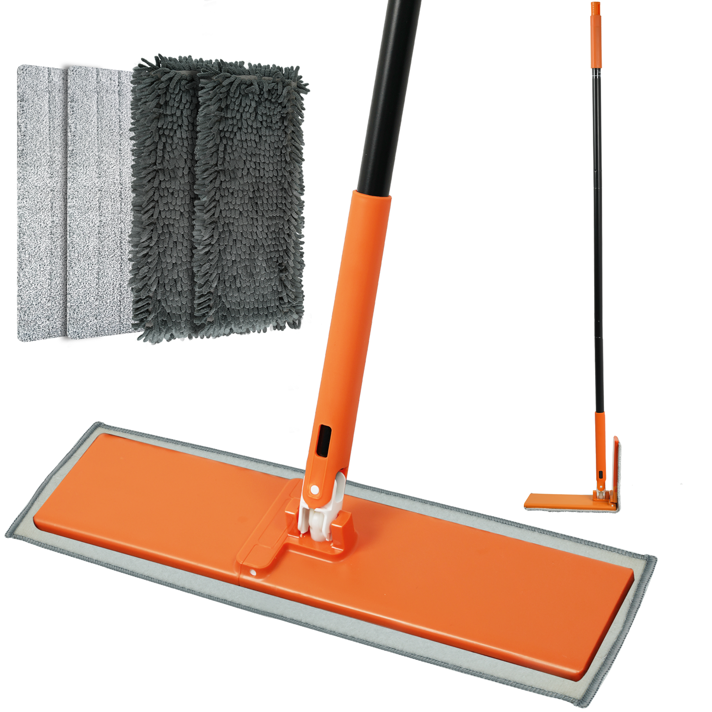 JEHONN Dust Mop for Hardwood Floors, Broom duster with Unique 90° Foldable Panel, 2 Chenille and 2 Microfiber Pads, Dry Wet Flat Dustmop for Cleaning Vinyl, Laminate, Tile, Marble (Orange)