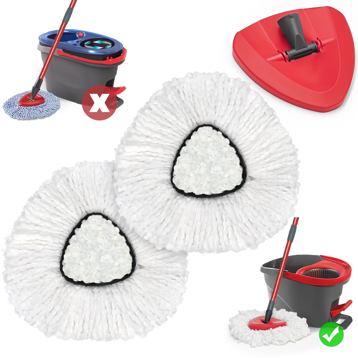 Mop Heads Replacements 2 pack with Triangle Base for Vileda RinseClean 2 Tank System, for Deep Cleaning All Floors , White