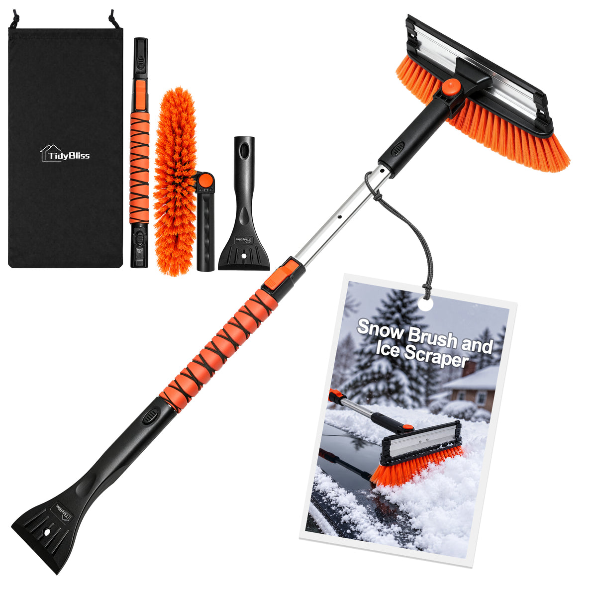 TidyBliss 37” Snow Brush with Ice Scraper & Squeegee for Car Windshield Glass