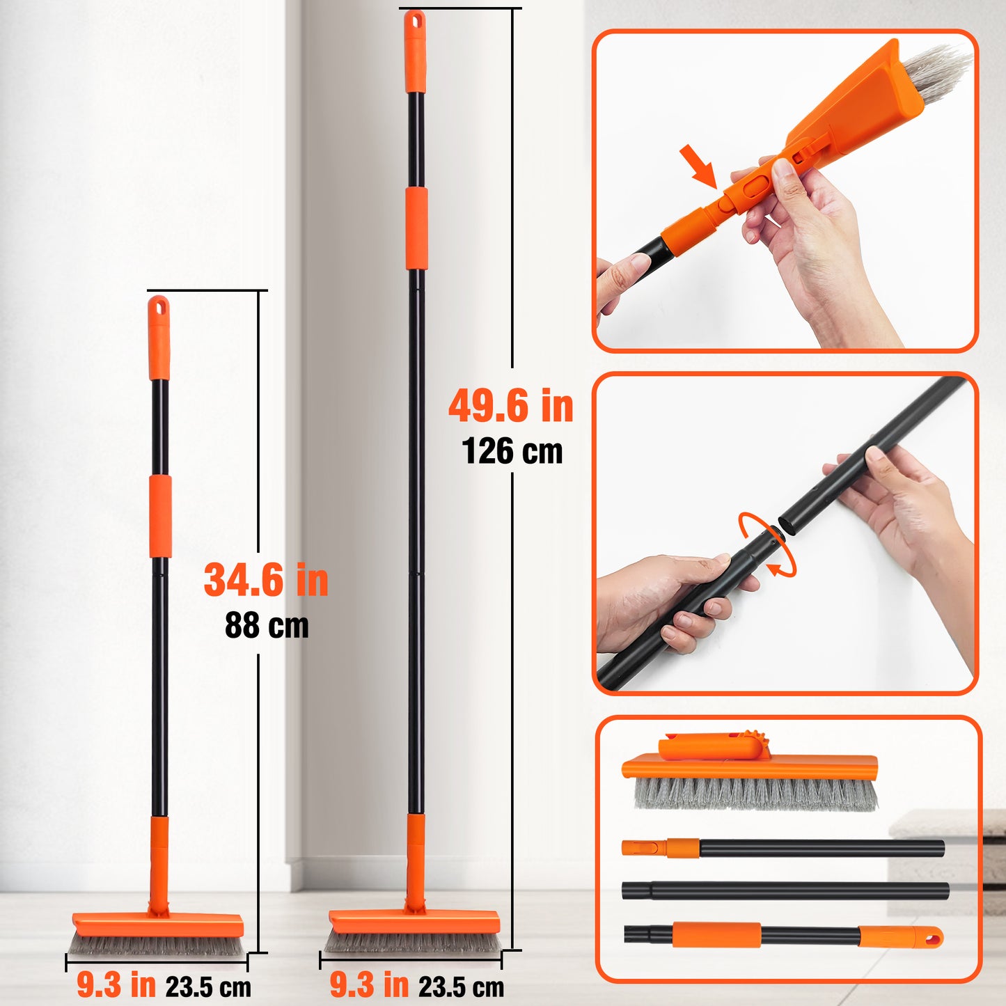 Grout Brush with 49.6" Long Handle, V-Shaped Tile Scrubber (Orange)