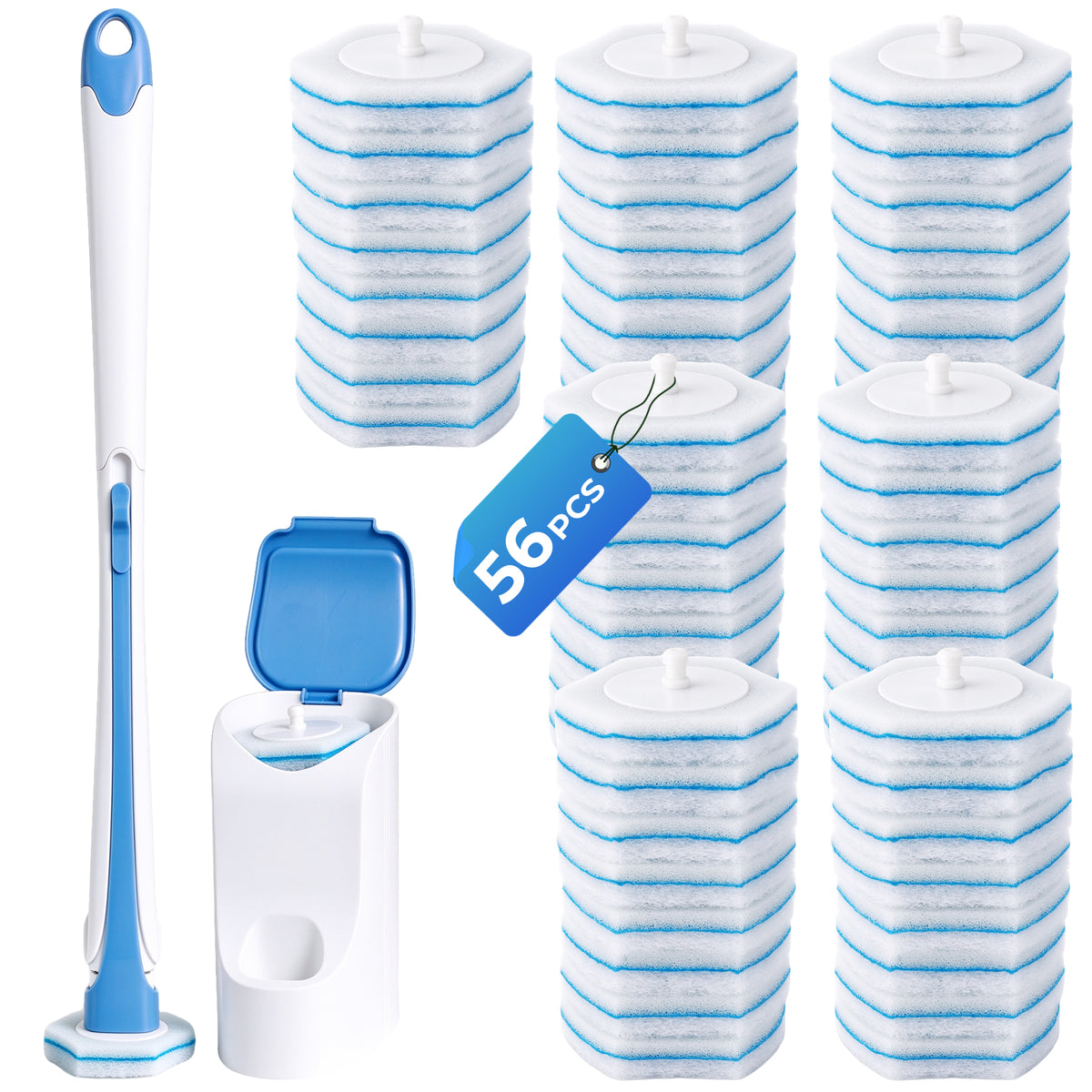 NEWE Disposable Toilet Brush with 56 PCS Cleaner Refills, Toilet Bowl Wand Holder Set (Blue)
