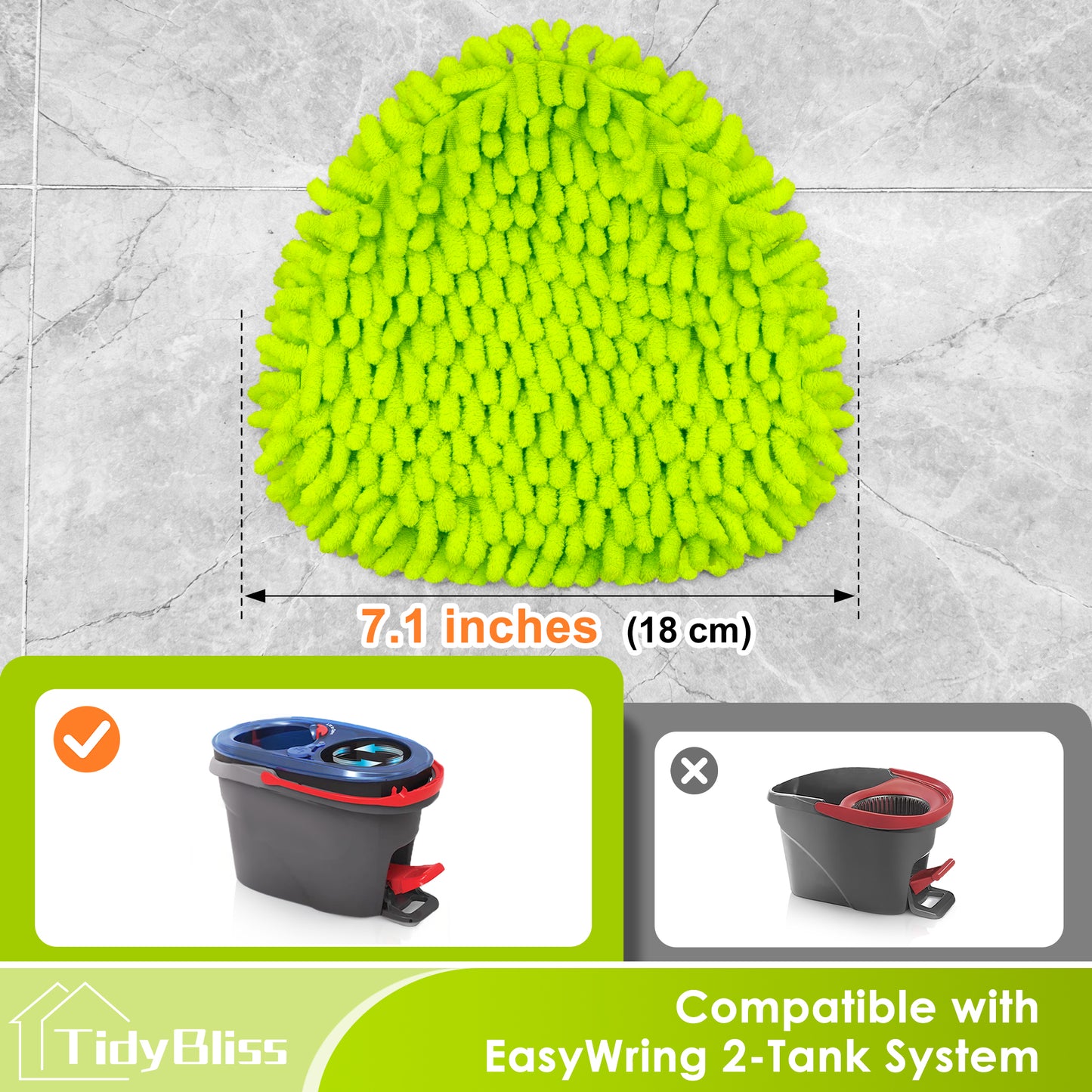 TidyBliss Microfiber Mop Head Replacement 3 Pack Compatible with RinseClean 2 Tank System (Green)