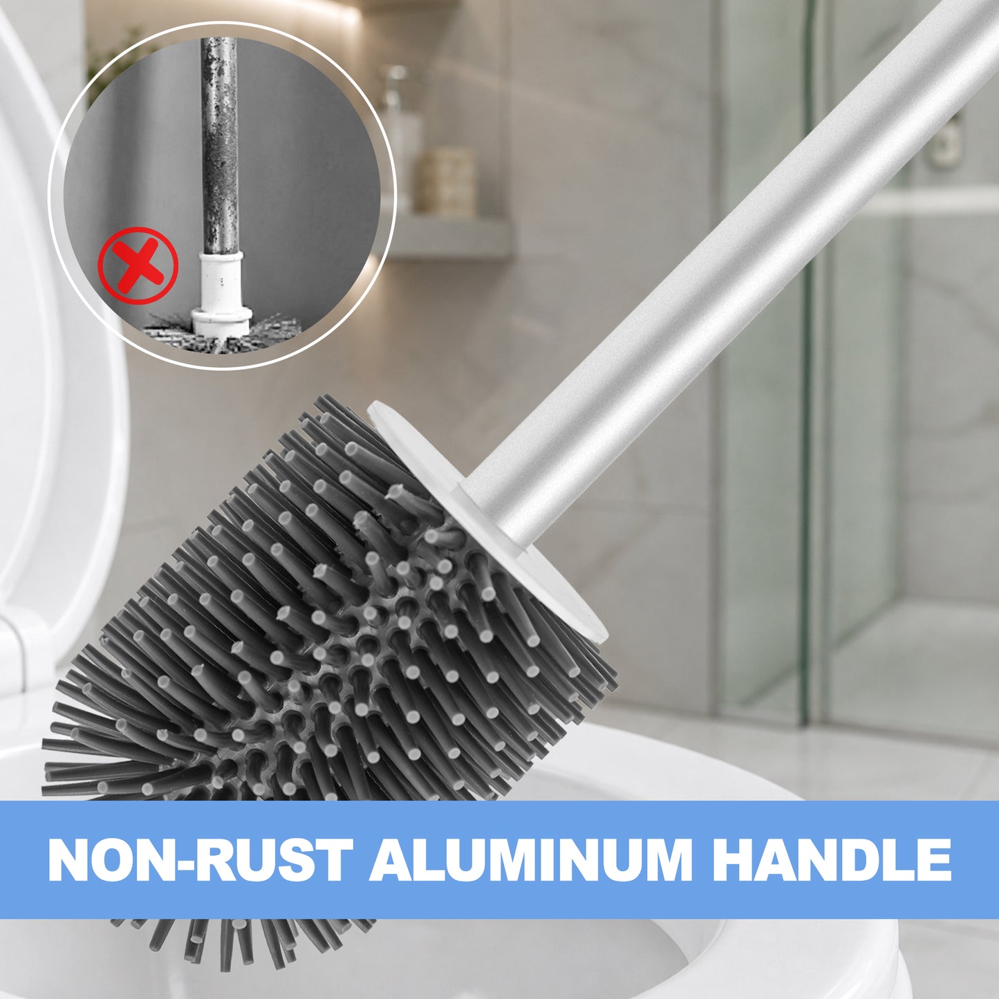 NEWE Silicone Toilet Brush with Holder Set, Aluminum Handle, Built-in Tweezers (White)