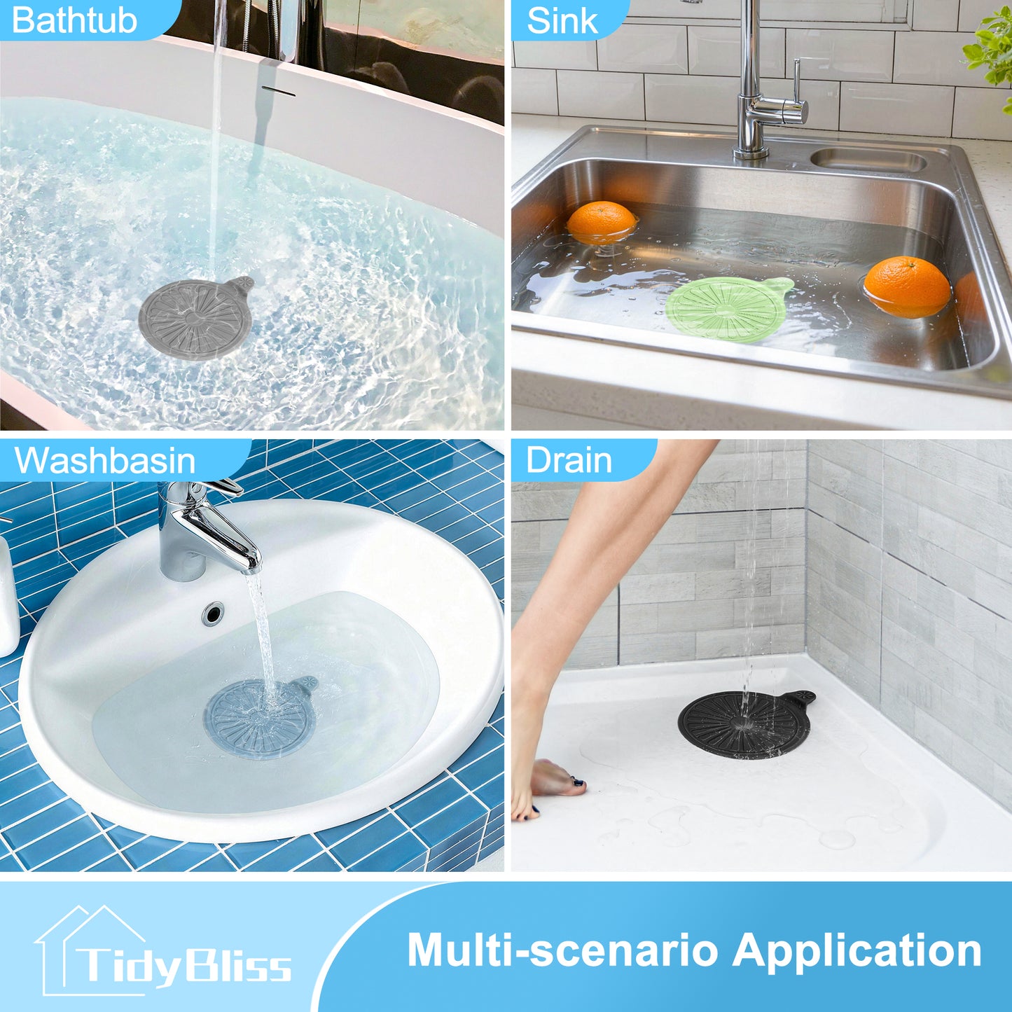 TidyBliss Bathtub Drain Stopper 4 Pack, 5.1" Silicone Bath Tub Flat Suction Cover