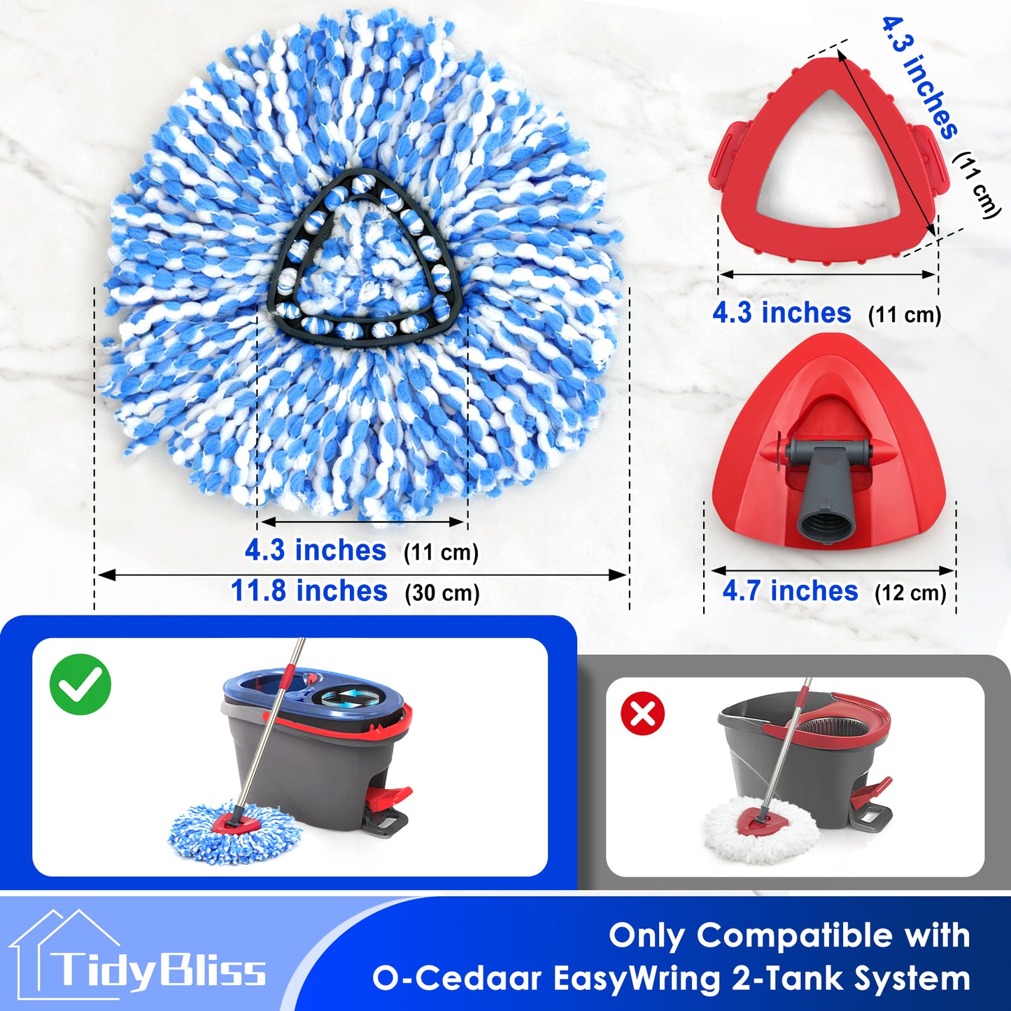 TidyBliss Mop Heads Replacements 2 Pack with with Scrub Brush Attachment and Triangle Base for O-Cedaar RinseClean 2 Tank System