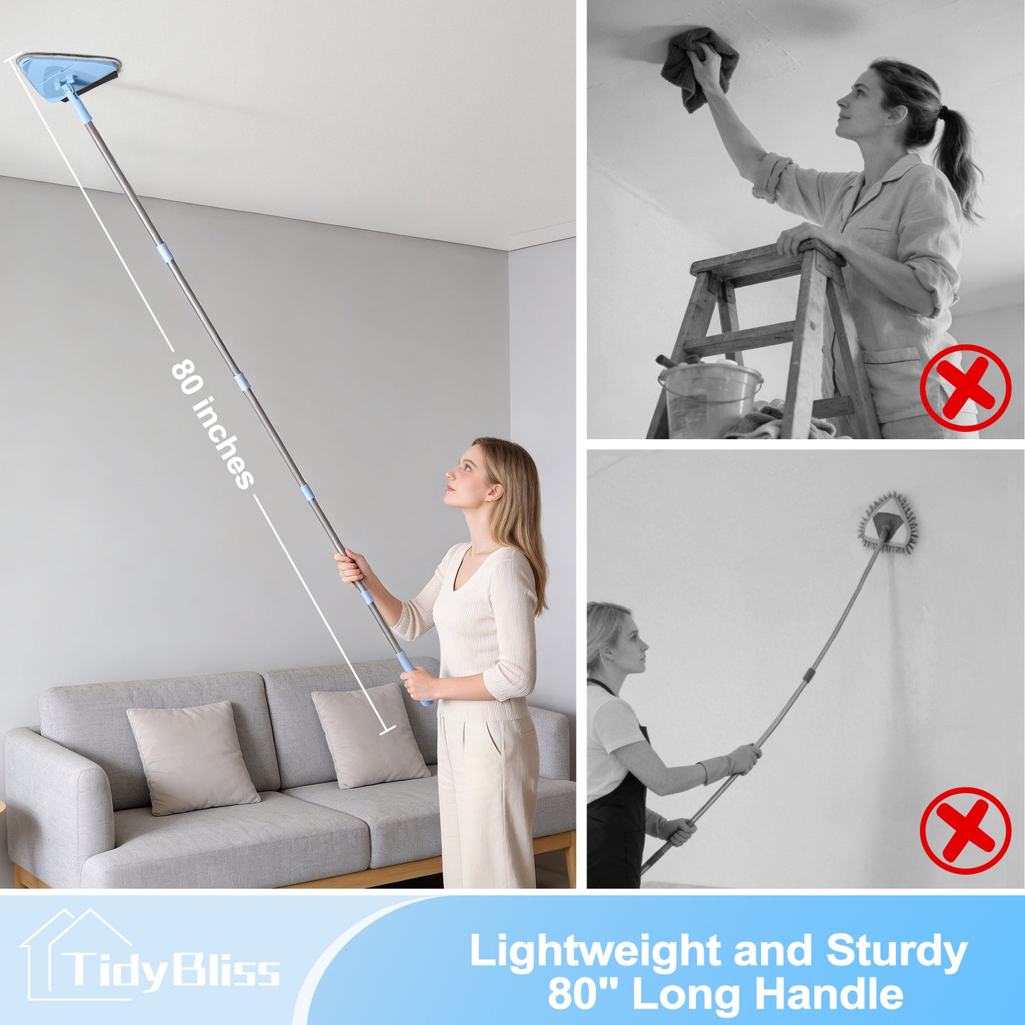 TidyBliss Wall Cleaner Mop with 80” Long Handle (Blue)