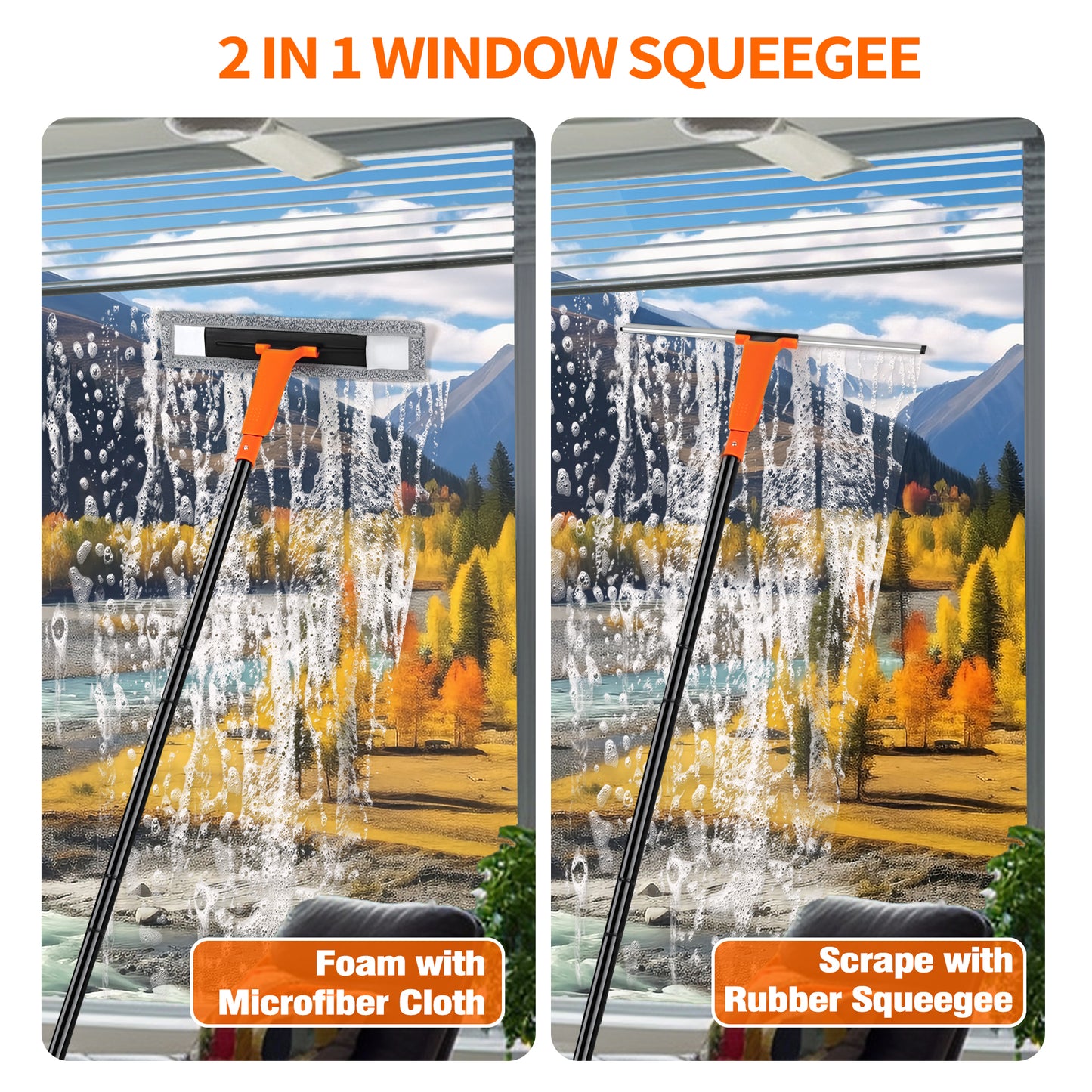 JEHONN Window Floor Squeegee with 60 Inches Long Handle Orange