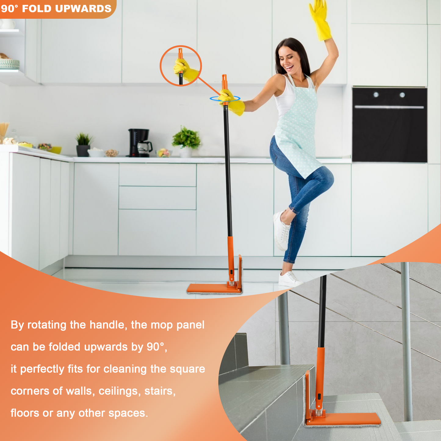 JEHONN Dust Mop for Hardwood Floors, Broom duster with Unique 90° Foldable Panel, 2 Chenille and 2 Microfiber Pads, Dry Wet Flat Dustmop for Cleaning Vinyl, Laminate, Tile, Marble (Orange)