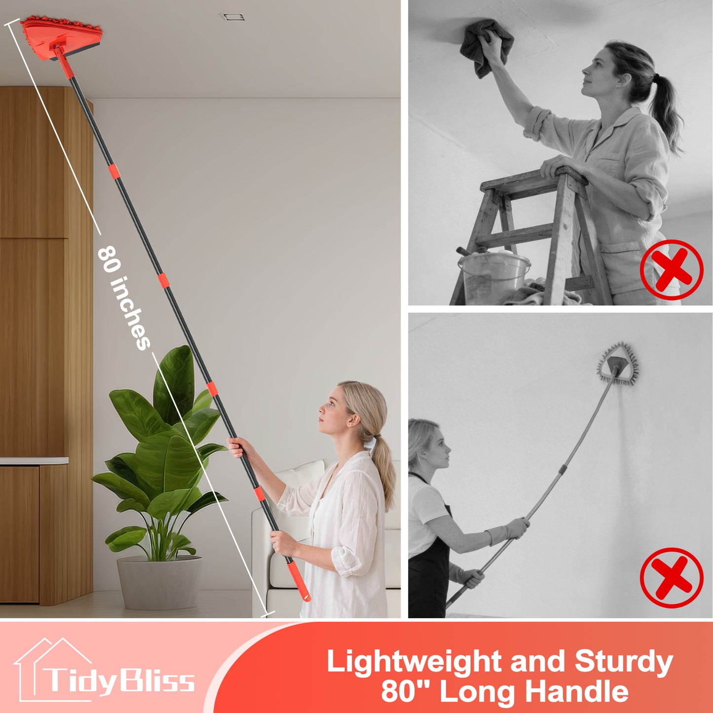 TidyBliss Wall Cleaning Mop with Long Handle 80” (Red)