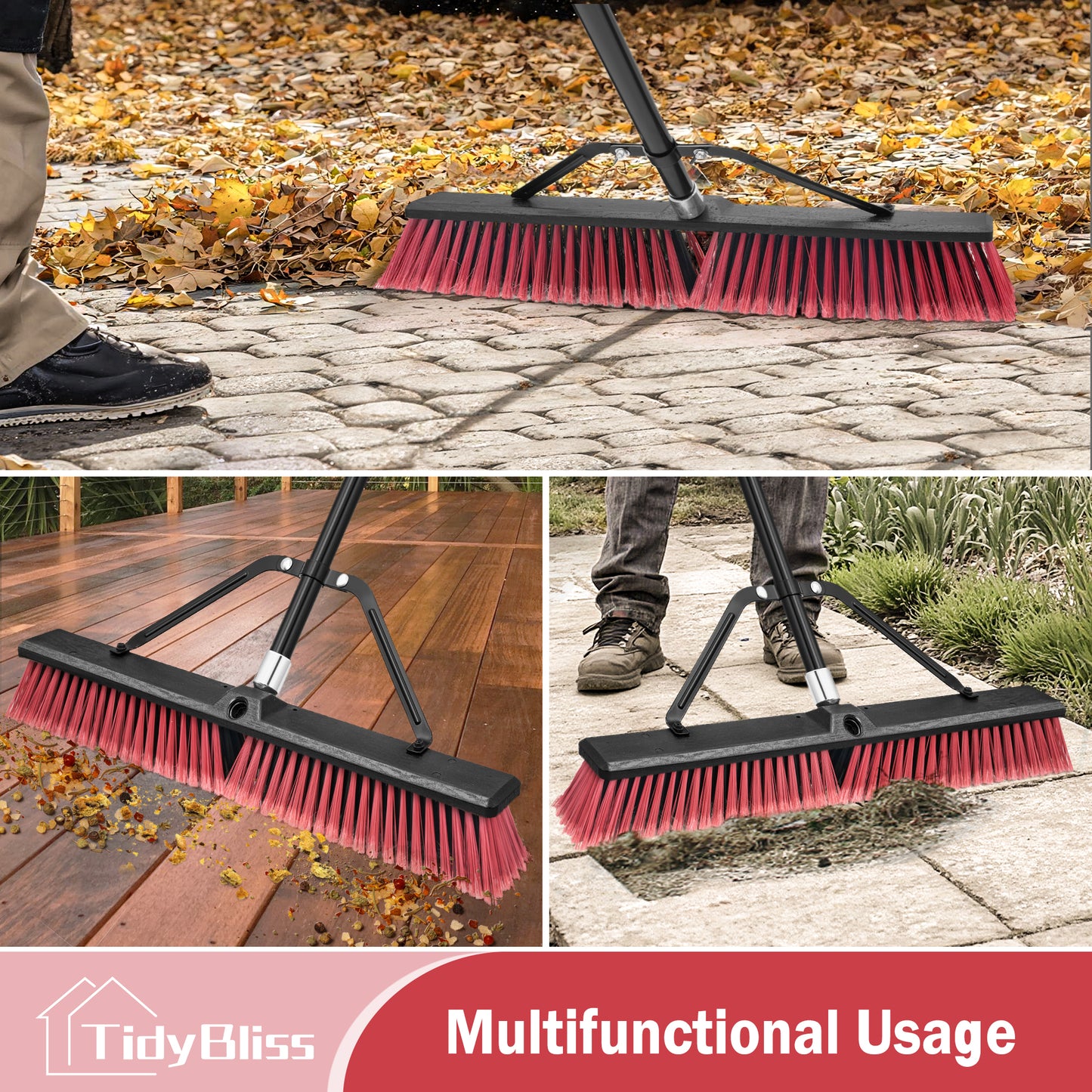 TidyBliss 24" Push Broom Outdoor Heavy Duty with 63 inches Long Handle (Red)