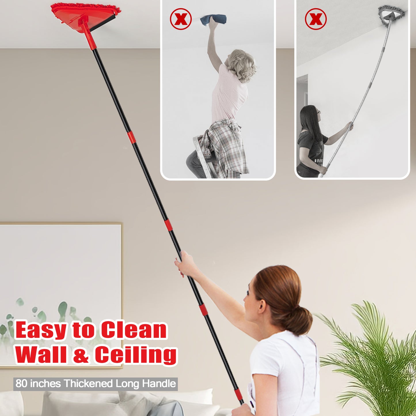 Wall Mop Cleaner with Long Handle (Red)